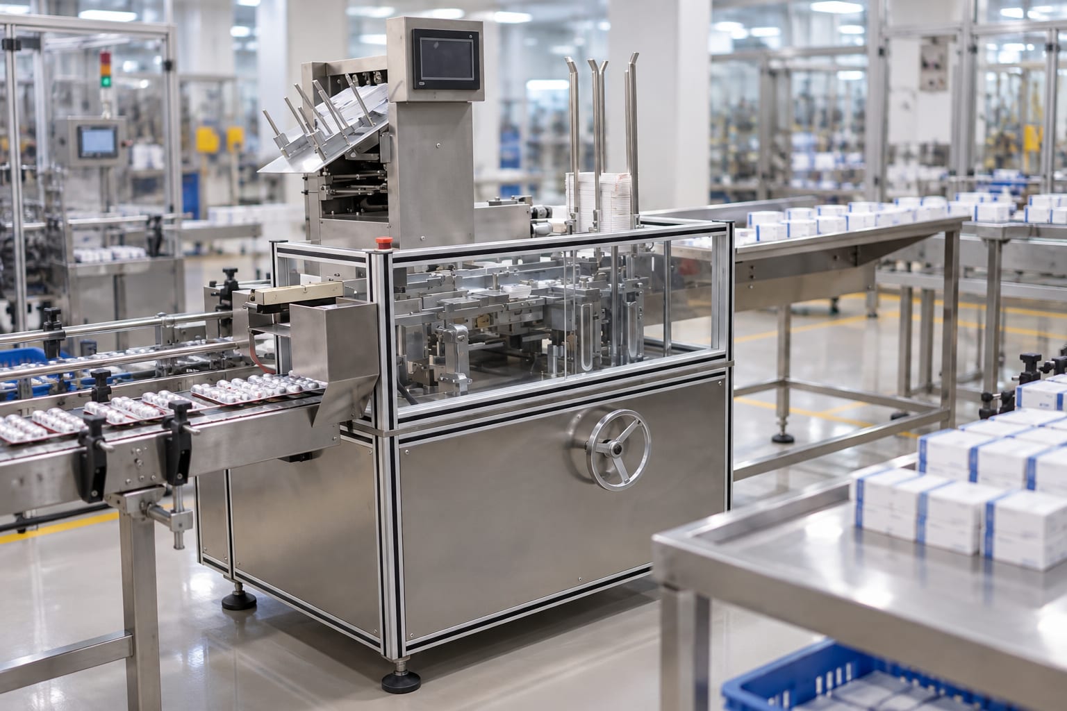 New Vision Machines Automatic Cartoning Machine — Carton Forming, Filling & Closing for Pharma Lines — heavy-duty SS 304 food-grade construction & conveyor setup