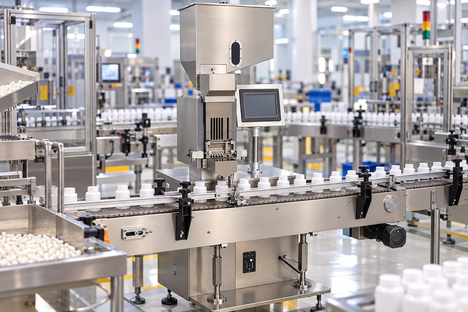 New Vision Machines Automatic Tablet/Capsule Counting & Filling Machine — Electronic Bottle Line for Pharma — heavy-duty SS 304 food-grade construction & conveyor setup