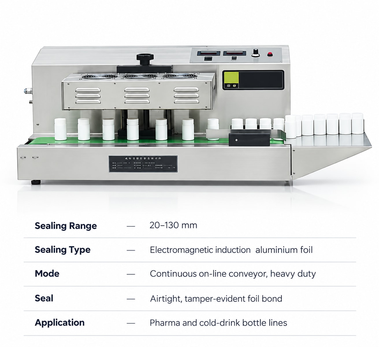 New Vision Machines Continuous Induction Cap Sealing Machine 20–130mm — Heavy-Duty Foil Sealer for Pharma Lines — precision nozzles, filling heads & mechanical assembly