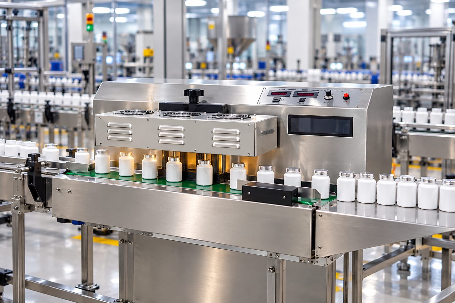 New Vision Machines Continuous Induction Cap Sealing Machine 20–130mm — Heavy-Duty Foil Sealer for Pharma Lines — heavy-duty SS 304 food-grade construction & conveyor setup