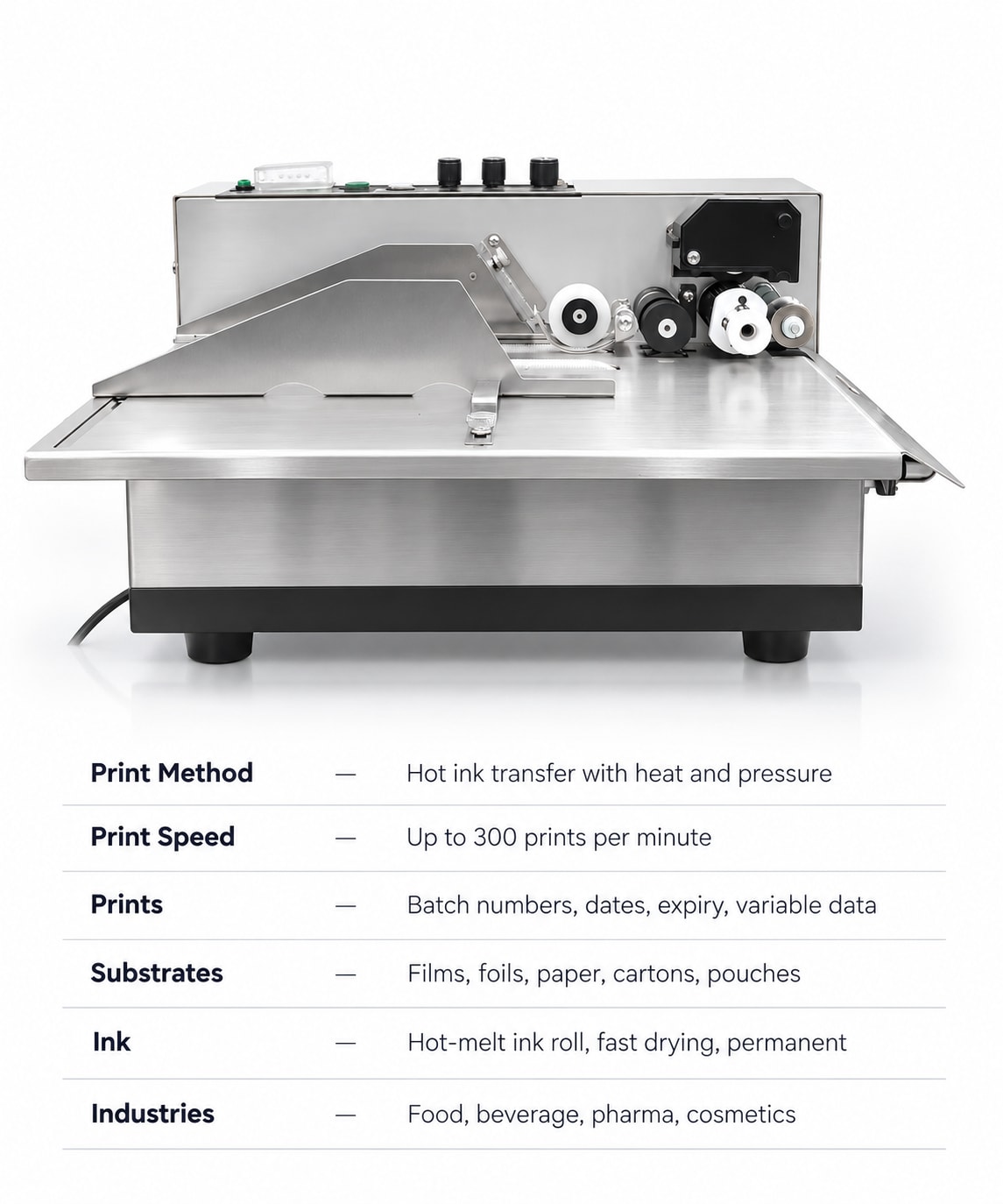 New Vision Machines Hot Ink Coder Machine for High-Speed Batch Coding on Cartons and Pouches — precision nozzles, filling heads & mechanical assembly