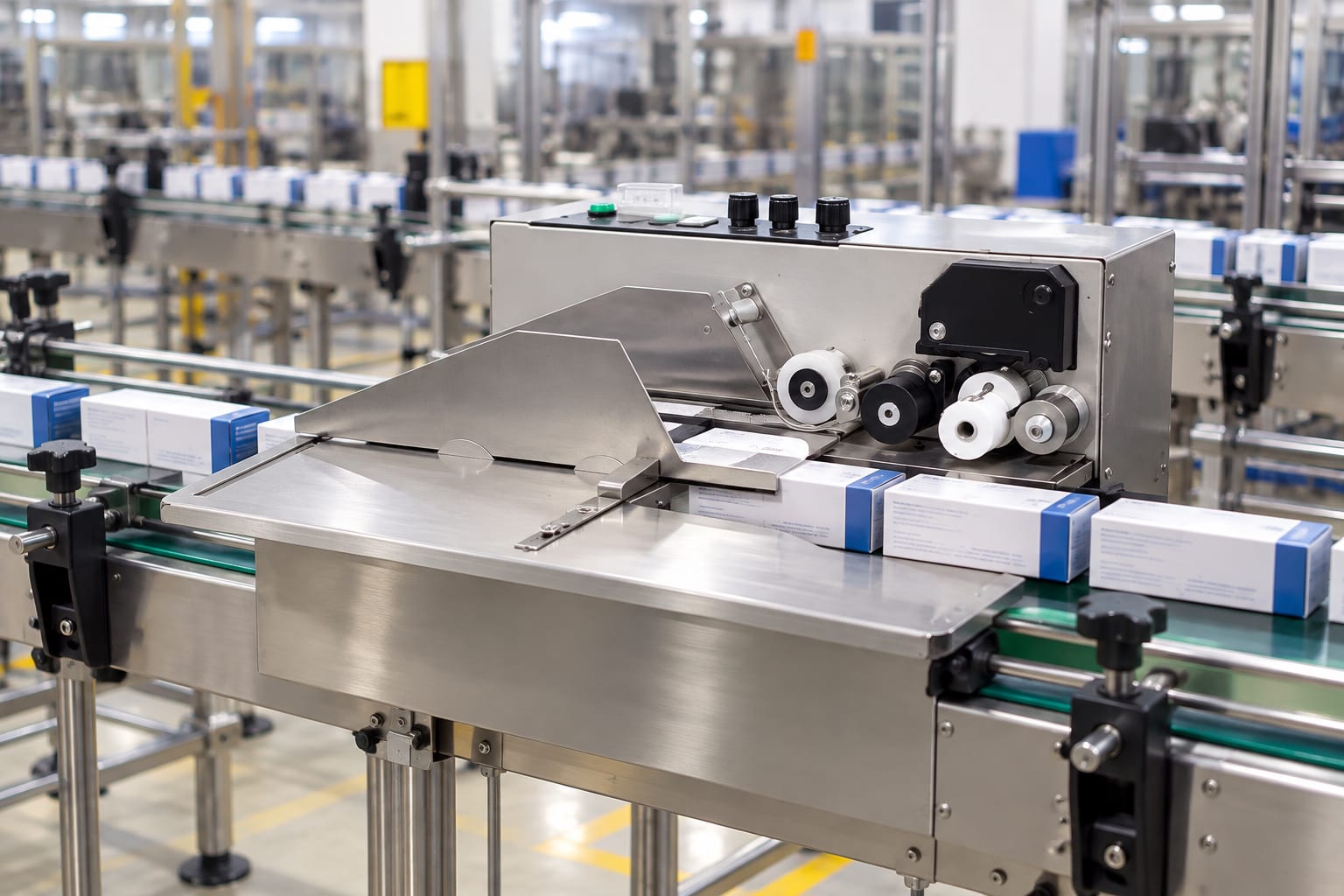 New Vision Machines Hot Ink Coder Machine for High-Speed Batch Coding on Cartons and Pouches — heavy-duty SS 304 food-grade construction & conveyor setup