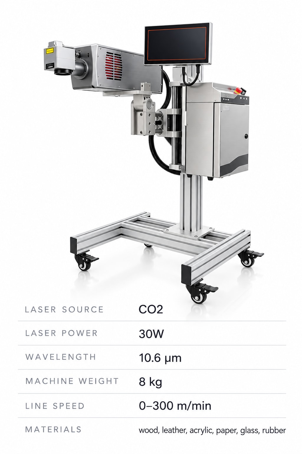 New Vision Machines 30W Co2 Laser Marking Machine — 10.6 µm Marker for Wood, Leather & Packaging — precision nozzles, filling heads & mechanical assembly