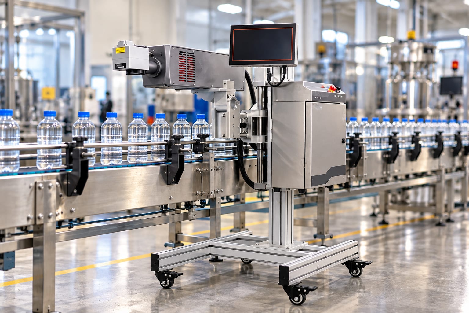 New Vision Machines 30W Co2 Laser Marking Machine — 10.6 µm Marker for Wood, Leather & Packaging — heavy-duty SS 304 food-grade construction & conveyor setup