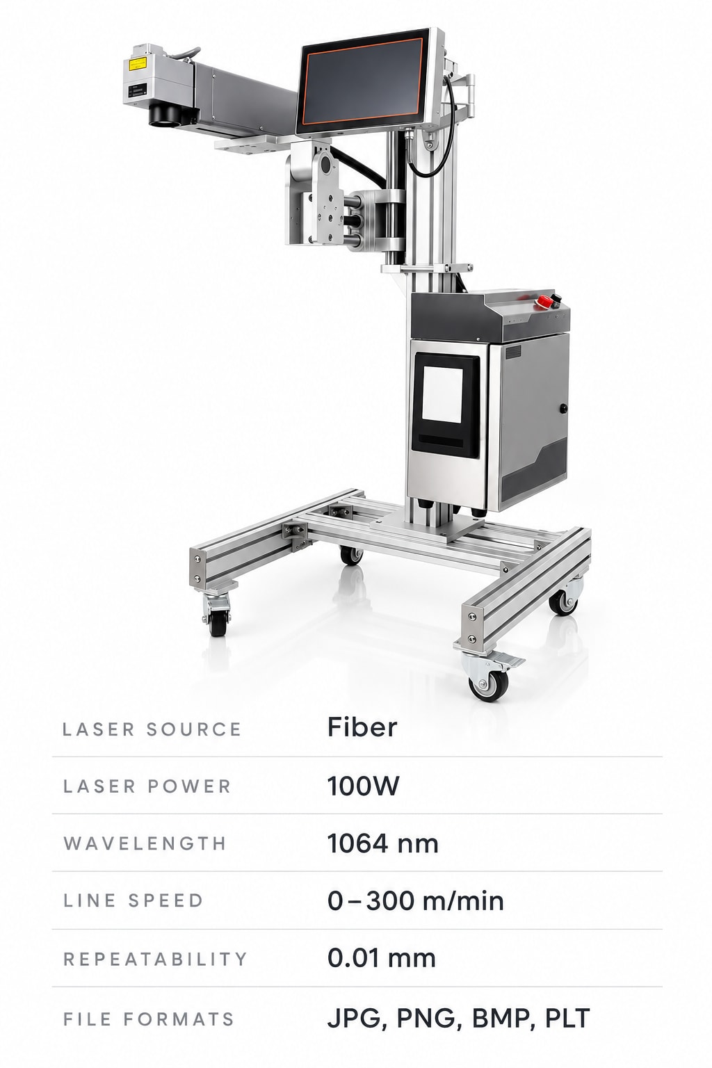 New Vision Machines 100W Fiber Laser Marking Machine — Deep Metal Marking for Production Lines — precision nozzles, filling heads & mechanical assembly