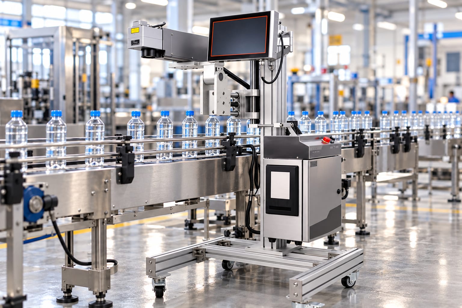 New Vision Machines 100W Fiber Laser Marking Machine — Deep Metal Marking for Production Lines — heavy-duty SS 304 food-grade construction & conveyor setup