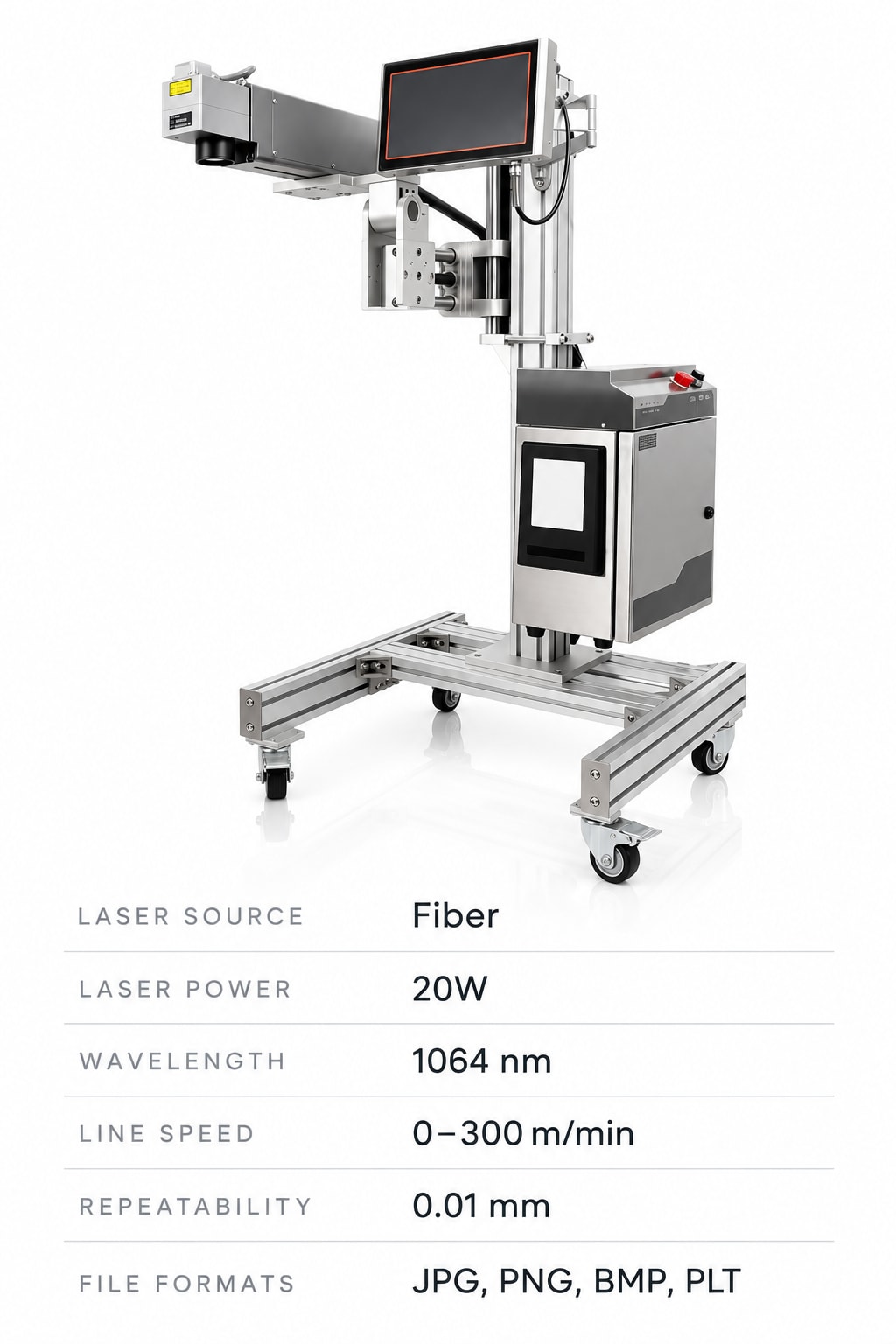 New Vision Machines 20W Fiber Laser Marking Machine — Desktop Metal Marker — precision nozzles, filling heads & mechanical assembly