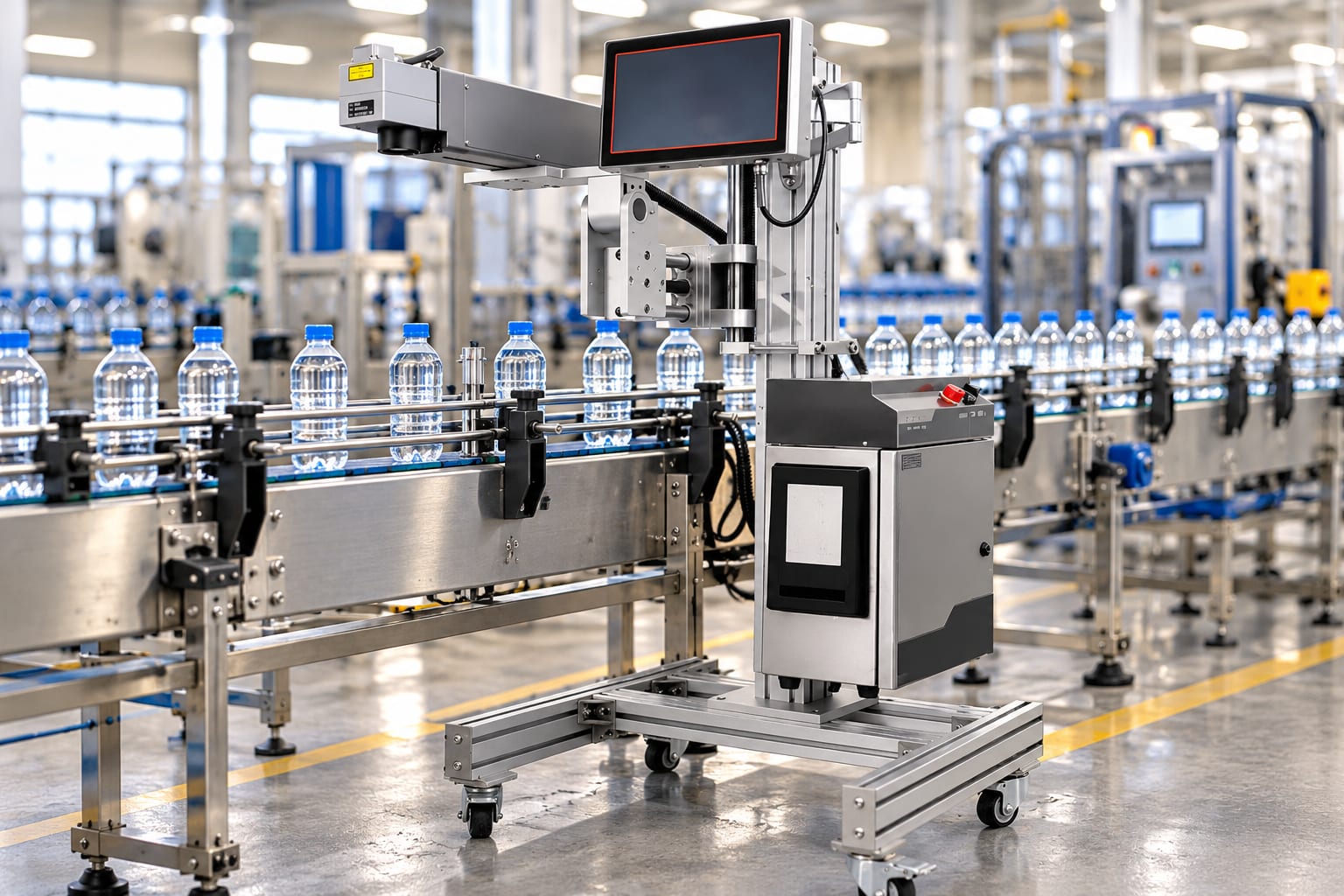 New Vision Machines 20W Fiber Laser Marking Machine — Desktop Metal Marker — heavy-duty SS 304 food-grade construction & conveyor setup