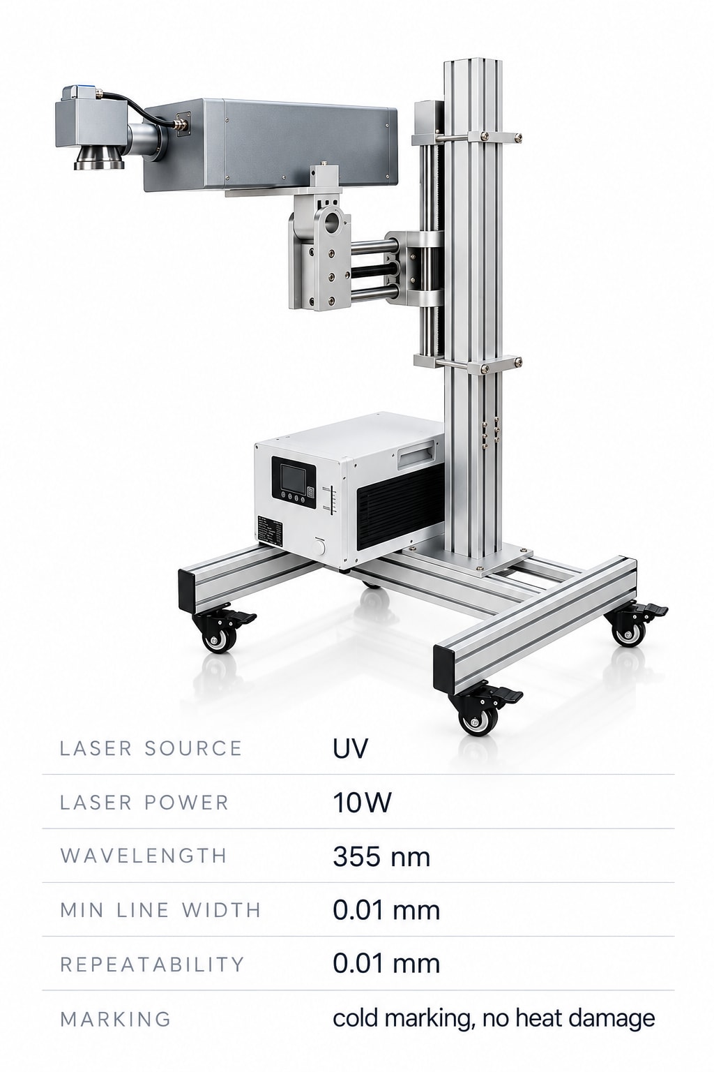 New Vision Machines 10W UV Laser Marking Machine — Cold Marking for Plastics, Glass and Electronics — precision nozzles, filling heads & mechanical assembly