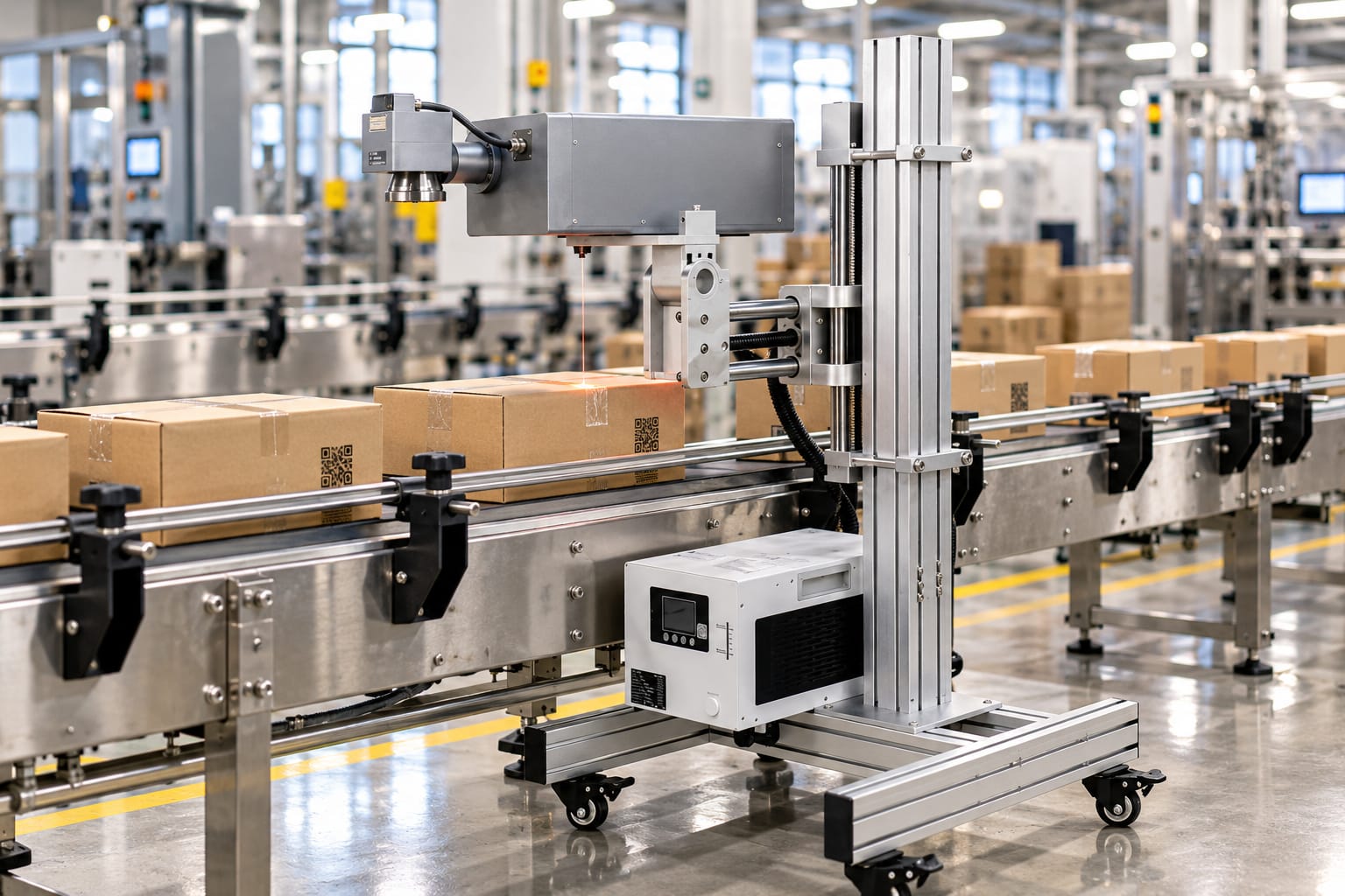 New Vision Machines 10W UV Laser Marking Machine — Cold Marking for Plastics, Glass and Electronics — heavy-duty SS 304 food-grade construction & conveyor setup