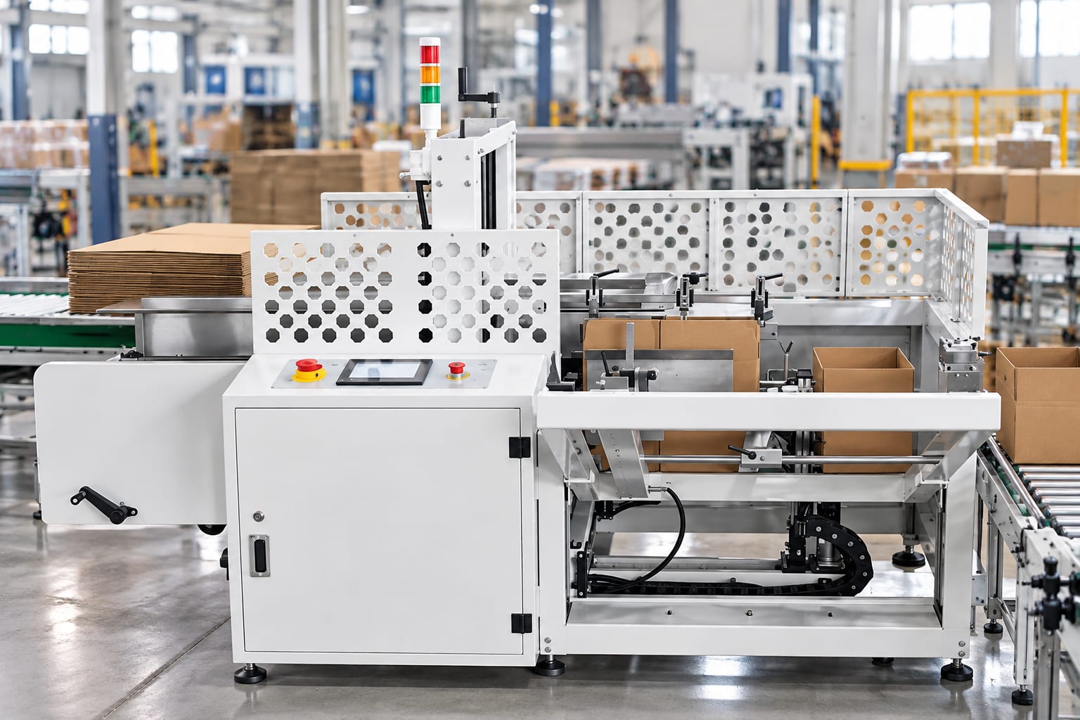 New Vision Machines Automatic Carton Erector Machine — 8–12 Cartons/Min Case Erector & Bottom Sealer — heavy-duty SS 304 food-grade construction & conveyor setup