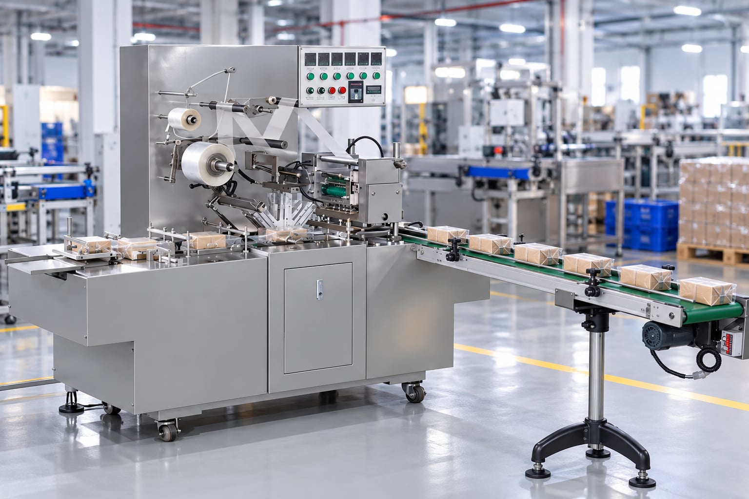 New Vision Machines Automatic Cellophane Overwrapping Machine — 25 Packs/Min for Perfume Boxes, Tea Cartons & Cosmetics — heavy-duty SS 304 food-grade construction & conveyor setup