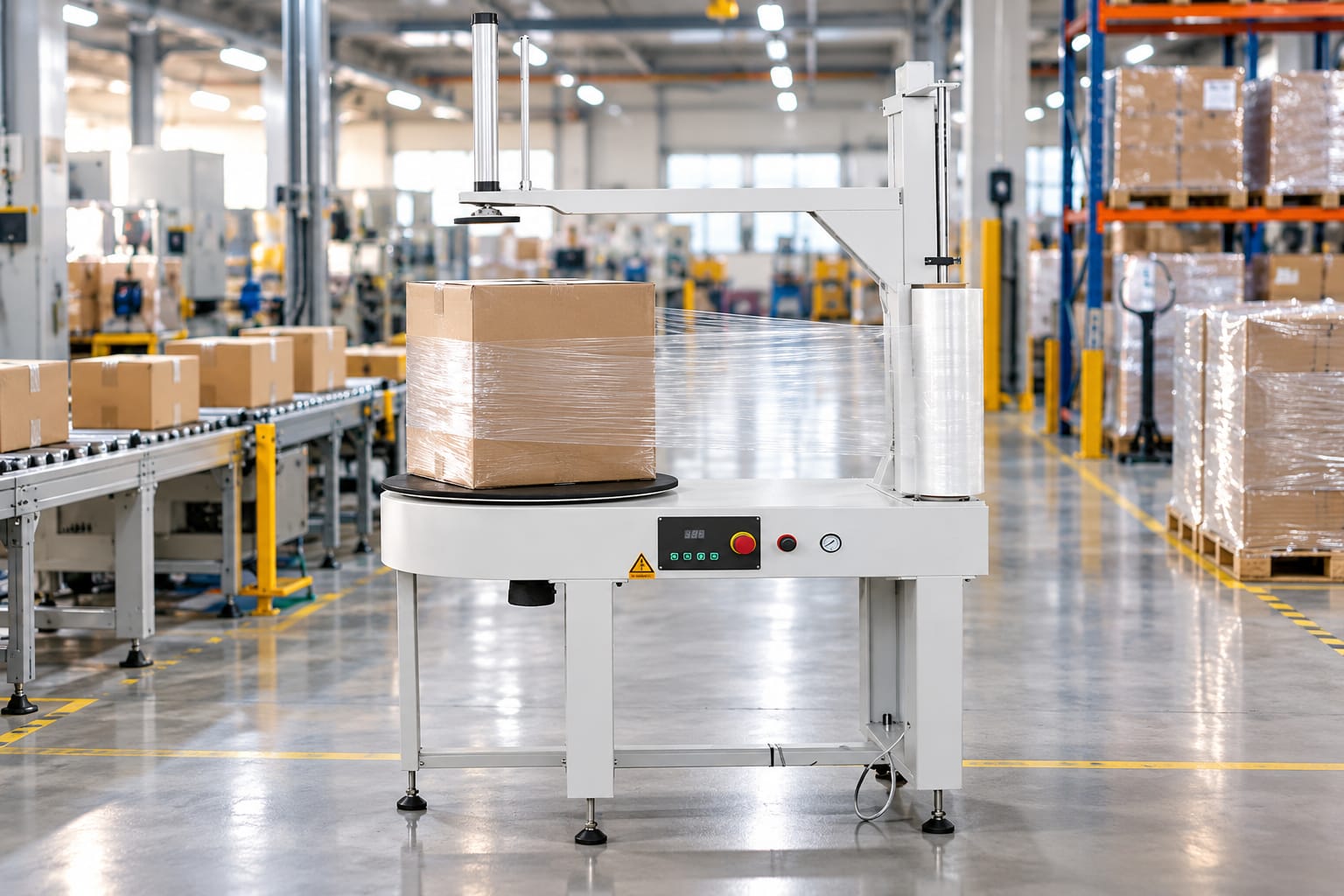 New Vision Machines Pneumatic Semi-Auto Stretch Wrapping Machine — heavy-duty SS 304 food-grade construction & conveyor setup
