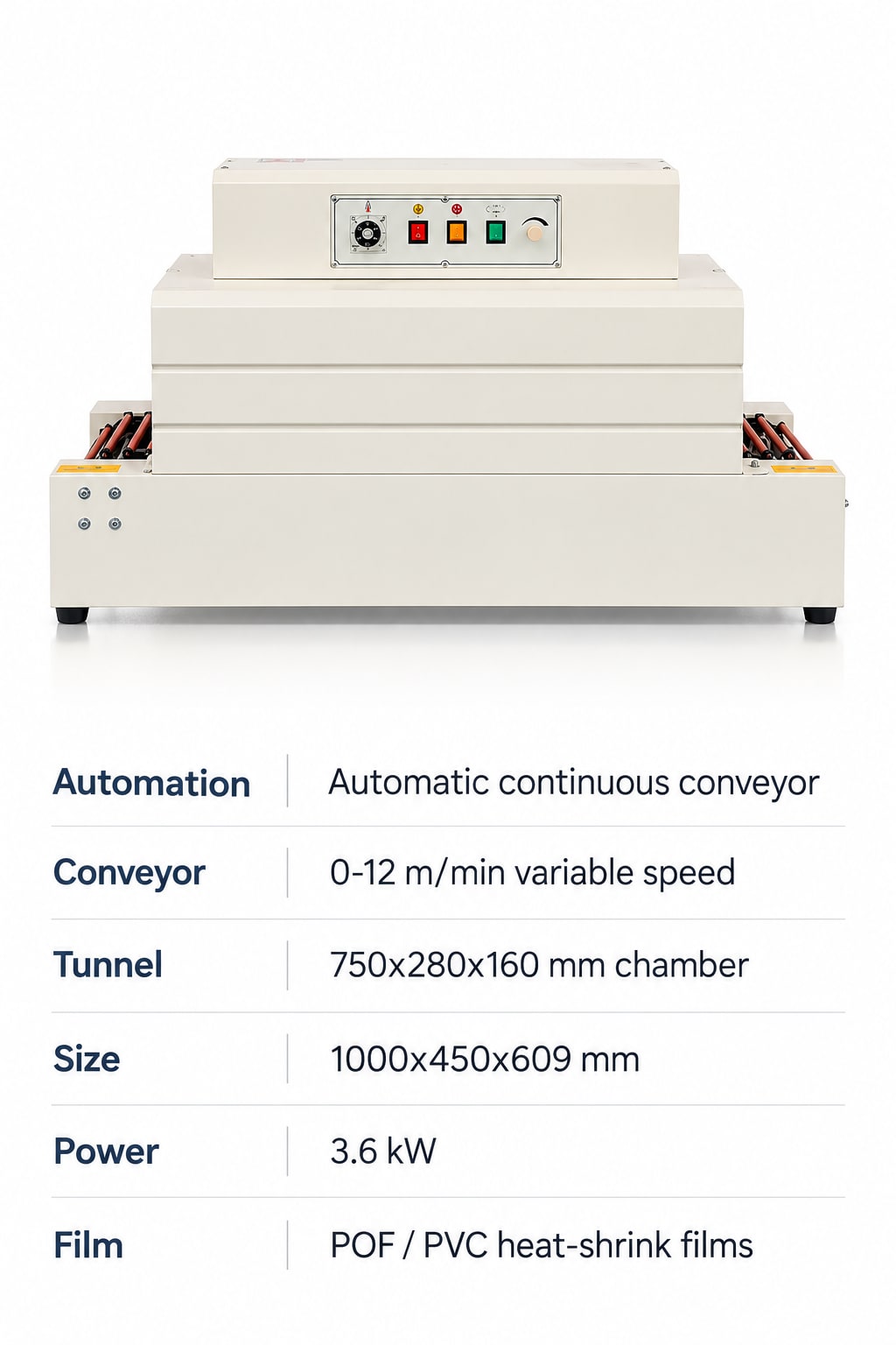 New Vision Machines Shrink Tunnel Machine 12 X 6 — Electric Heat-Shrink Tunnel for Overwrapped Packs — precision nozzles, filling heads & mechanical assembly