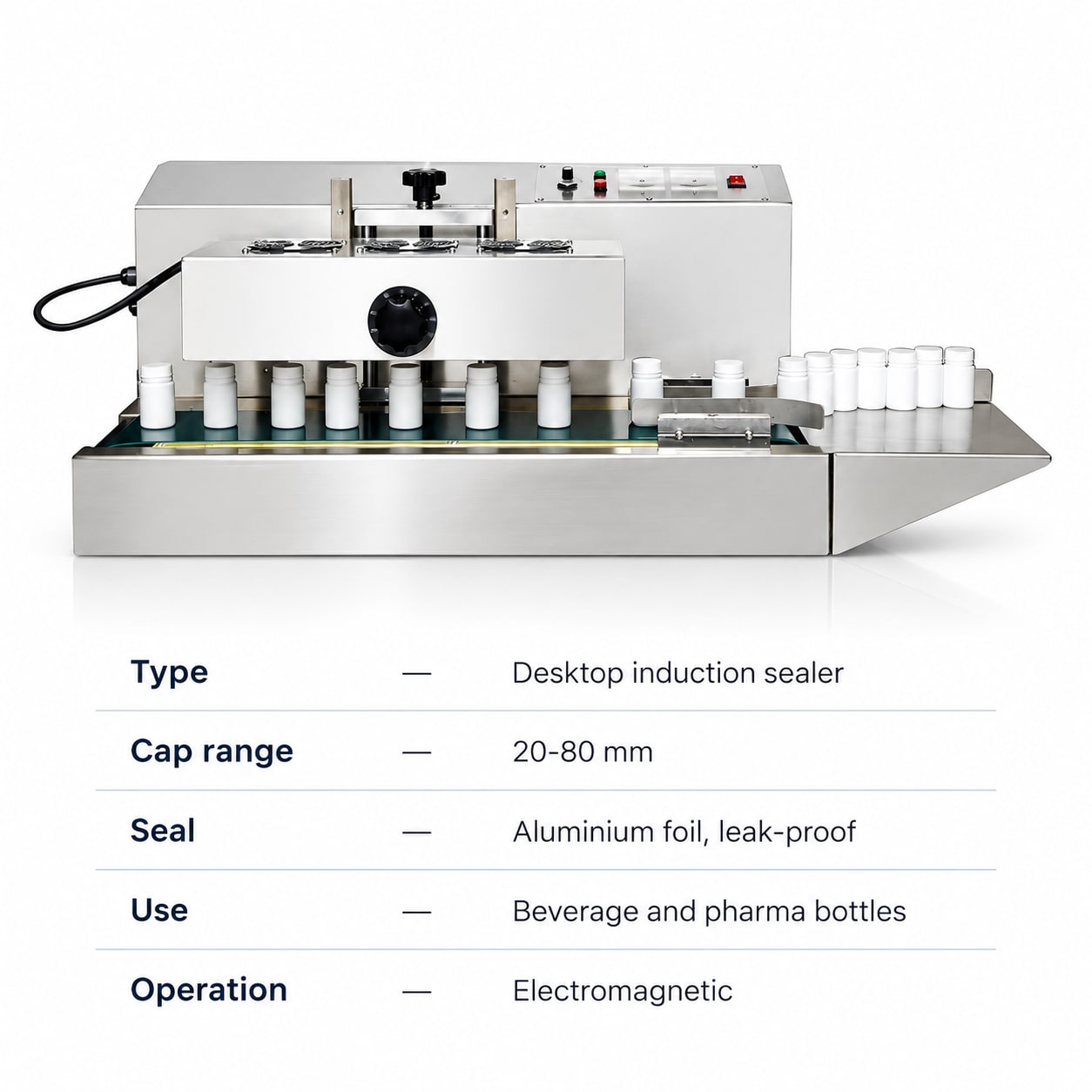 New Vision Machines Continuous Induction Cap Sealing Machine 20–80mm — Desktop Electromagnetic Foil Sealer — precision nozzles, filling heads & mechanical assembly