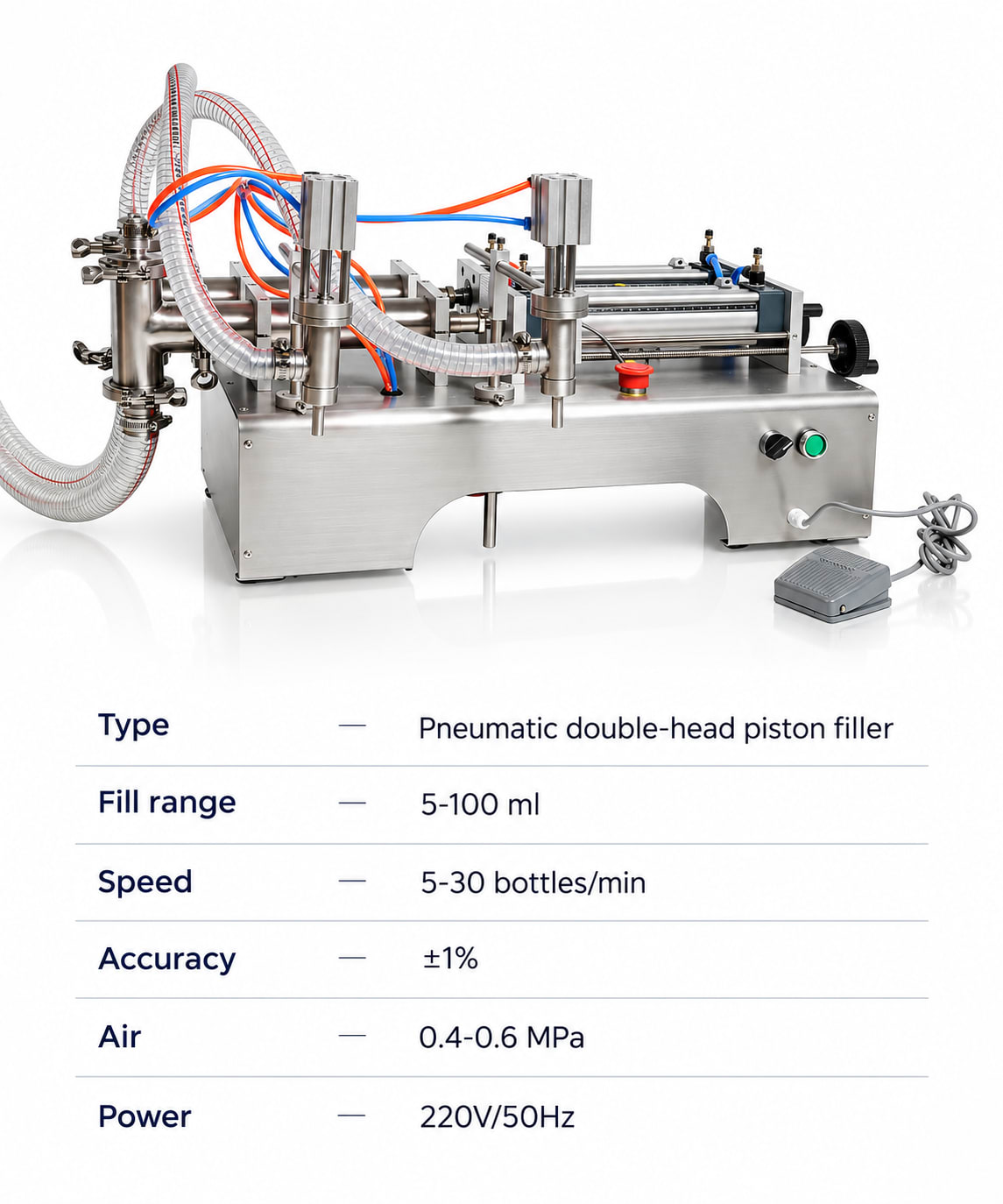 New Vision Machines Liquid Filling Machine 5-100ml — Pneumatic Double Head — precision nozzles, filling heads & mechanical assembly