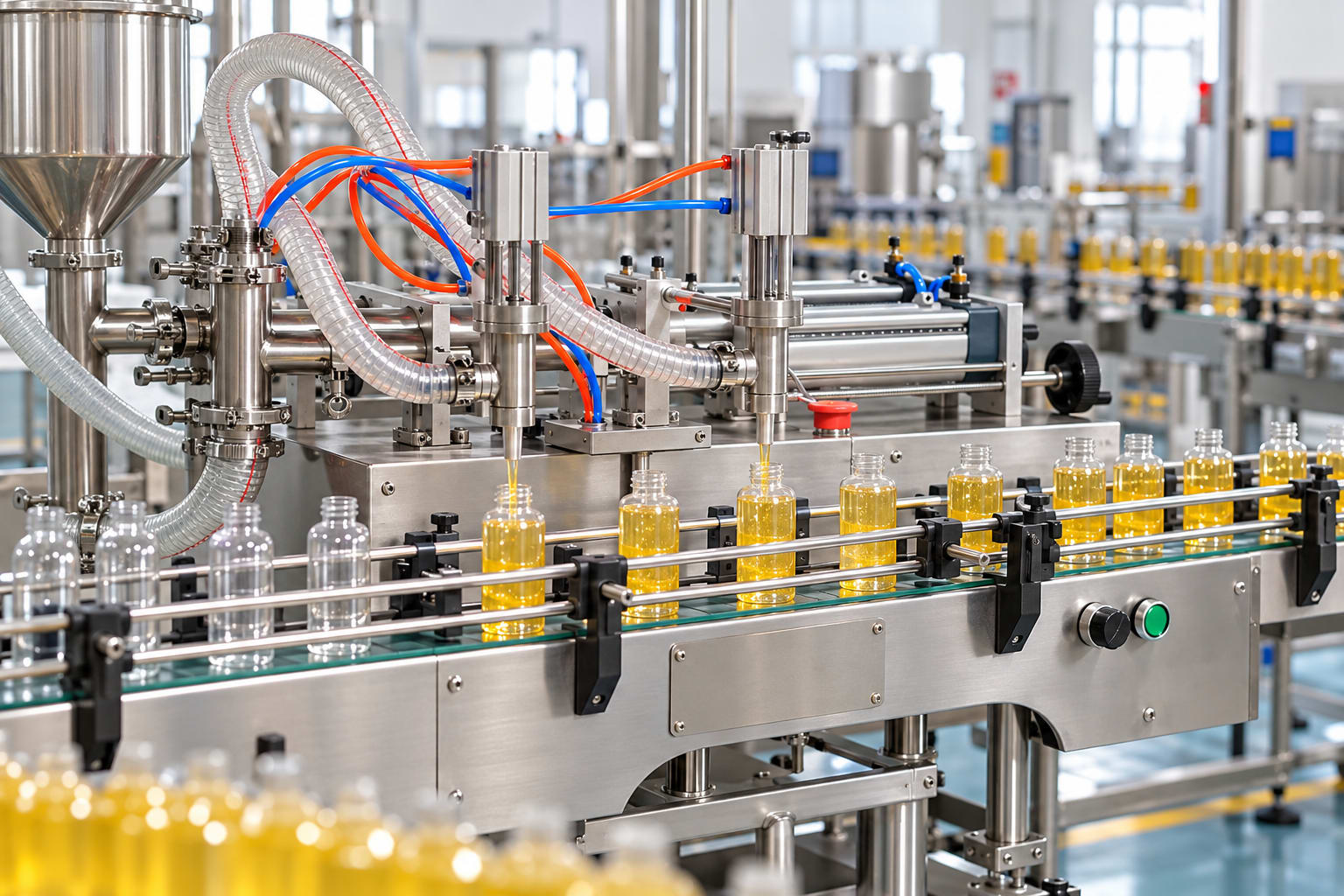 New Vision Machines Liquid Filling Machine 5-100ml — Pneumatic Double Head — heavy-duty SS 304 food-grade construction & conveyor setup
