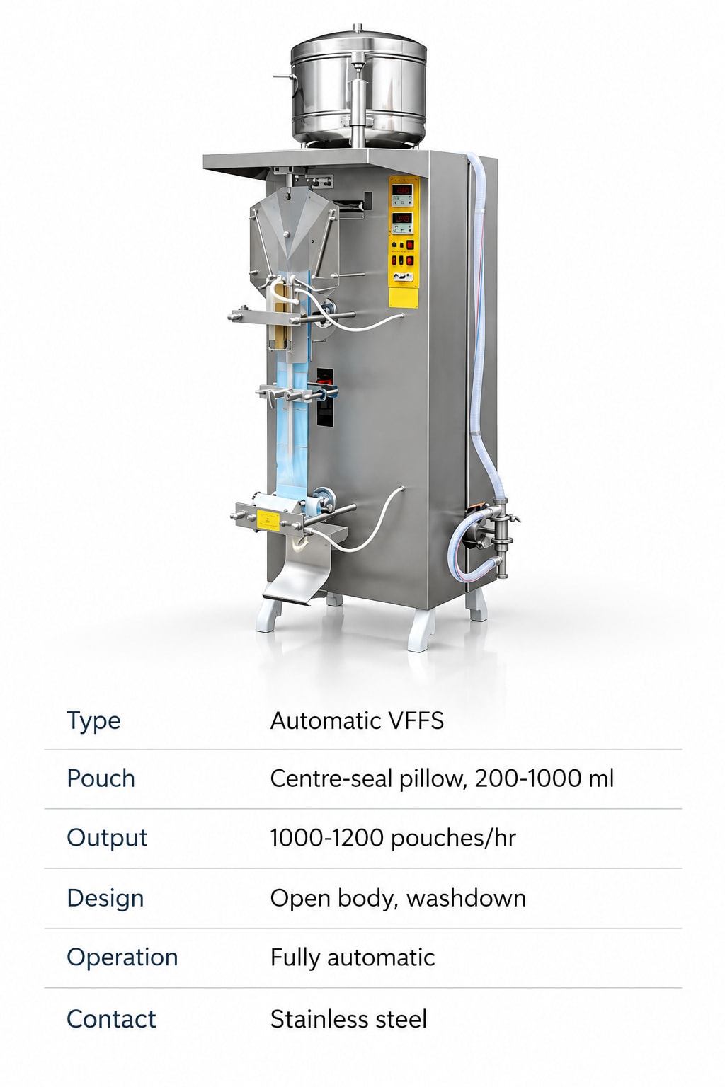 New Vision Machines Open Body Automatic Milk Packaging Machine — precision nozzles, filling heads & mechanical assembly