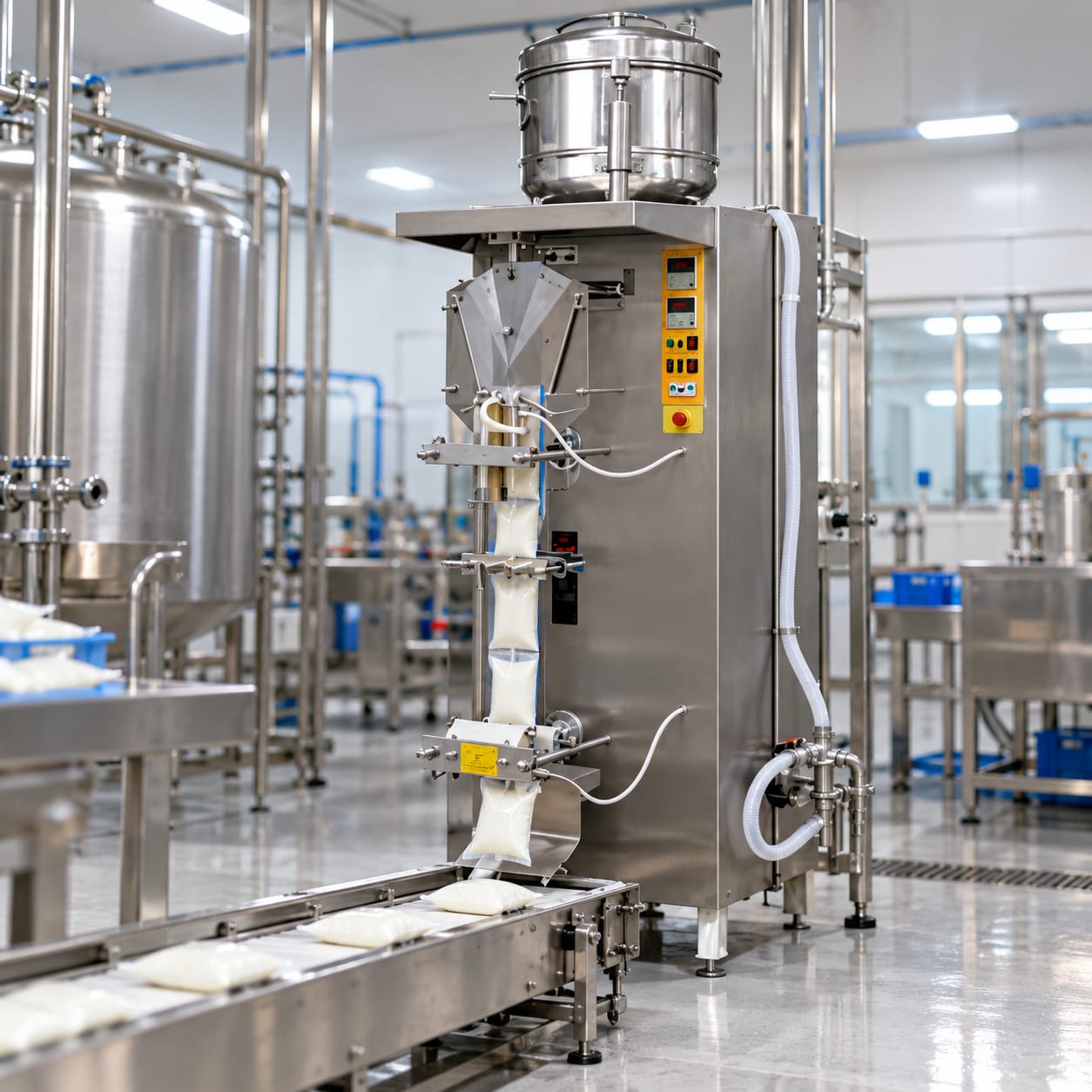 New Vision Machines Open Body Automatic Milk Packaging Machine — heavy-duty SS 304 food-grade construction & conveyor setup