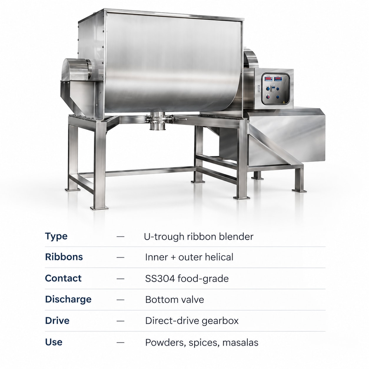 New Vision Machines Ribbon Blender Machine — Industrial Ribbon Mixer for Dry Powder & Spice Blending — precision nozzles, filling heads & mechanical assembly