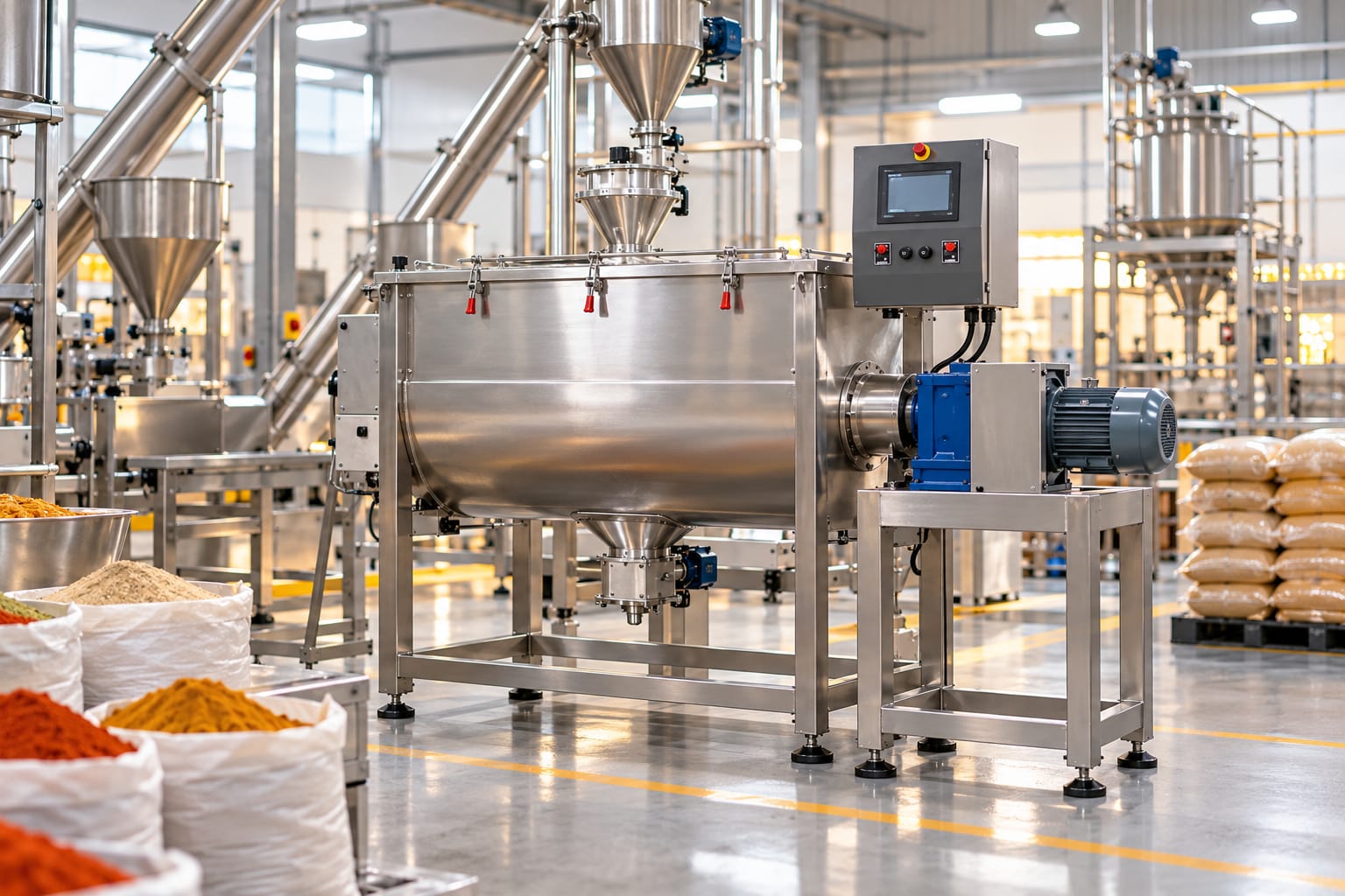 New Vision Machines Ribbon Blender Machine — Industrial Ribbon Mixer for Dry Powder & Spice Blending — heavy-duty SS 304 food-grade construction & conveyor setup