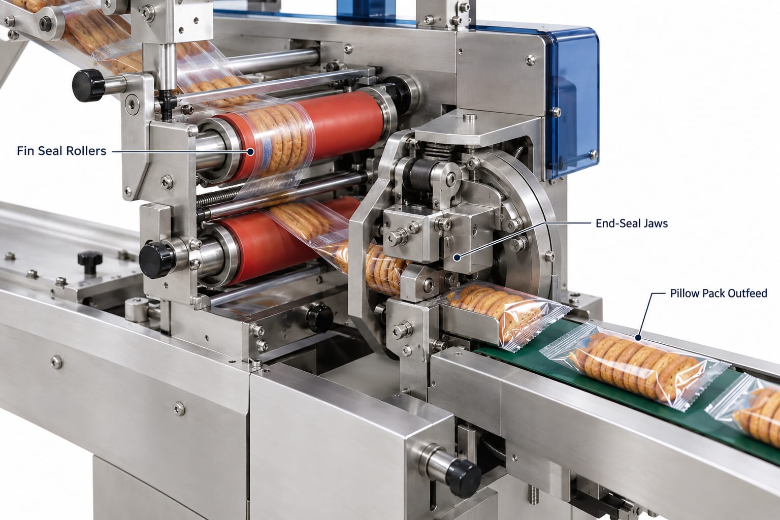 New Vision Machines Horizontal Flow Wrap Machine — Automatic Pillow Pack Wrapping Machine — precision nozzles, filling heads & mechanical assembly