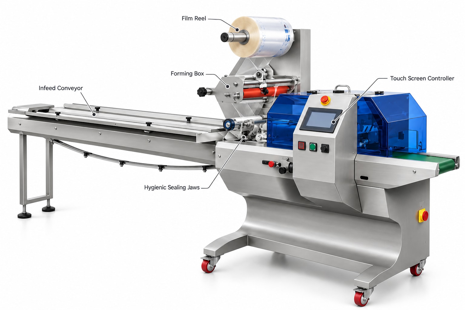 New Vision Machines Ice Cream Flow Wrap Machine — Automatic Wrapping for Ice Cream Bars & Frozen Desserts — heavy-duty SS 304 food-grade construction & conveyor setup