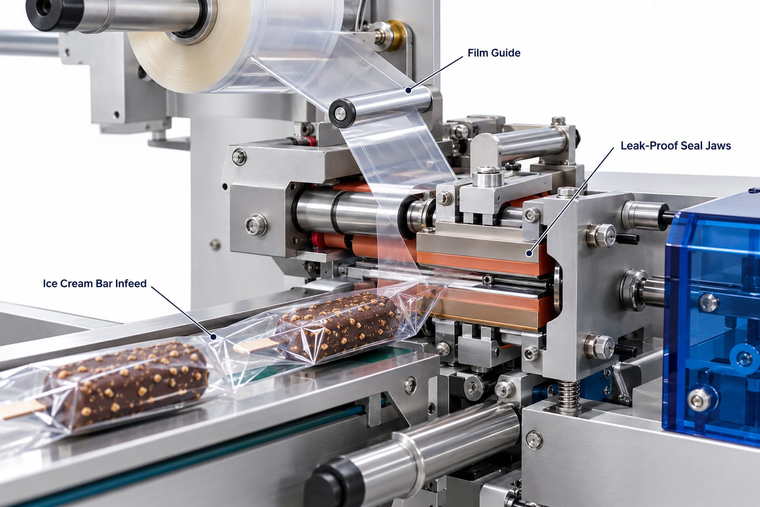 New Vision Machines Ice Cream Flow Wrap Machine — Automatic Wrapping for Ice Cream Bars & Frozen Desserts — precision nozzles, filling heads & mechanical assembly