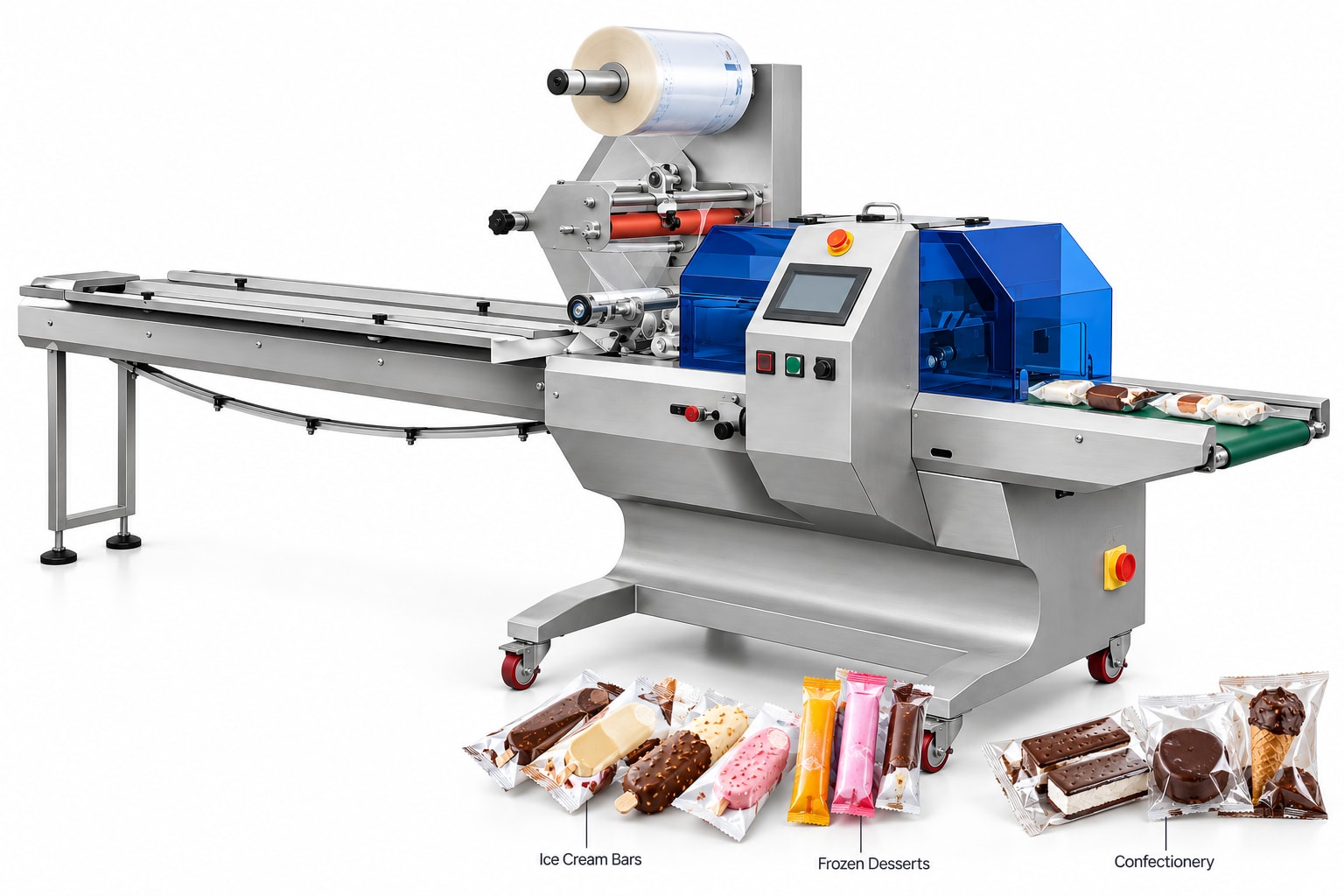 New Vision Machines Ice Cream Flow Wrap Machine — Automatic Wrapping for Ice Cream Bars & Frozen Desserts — Delta PLC touch screen & automated control panel layout