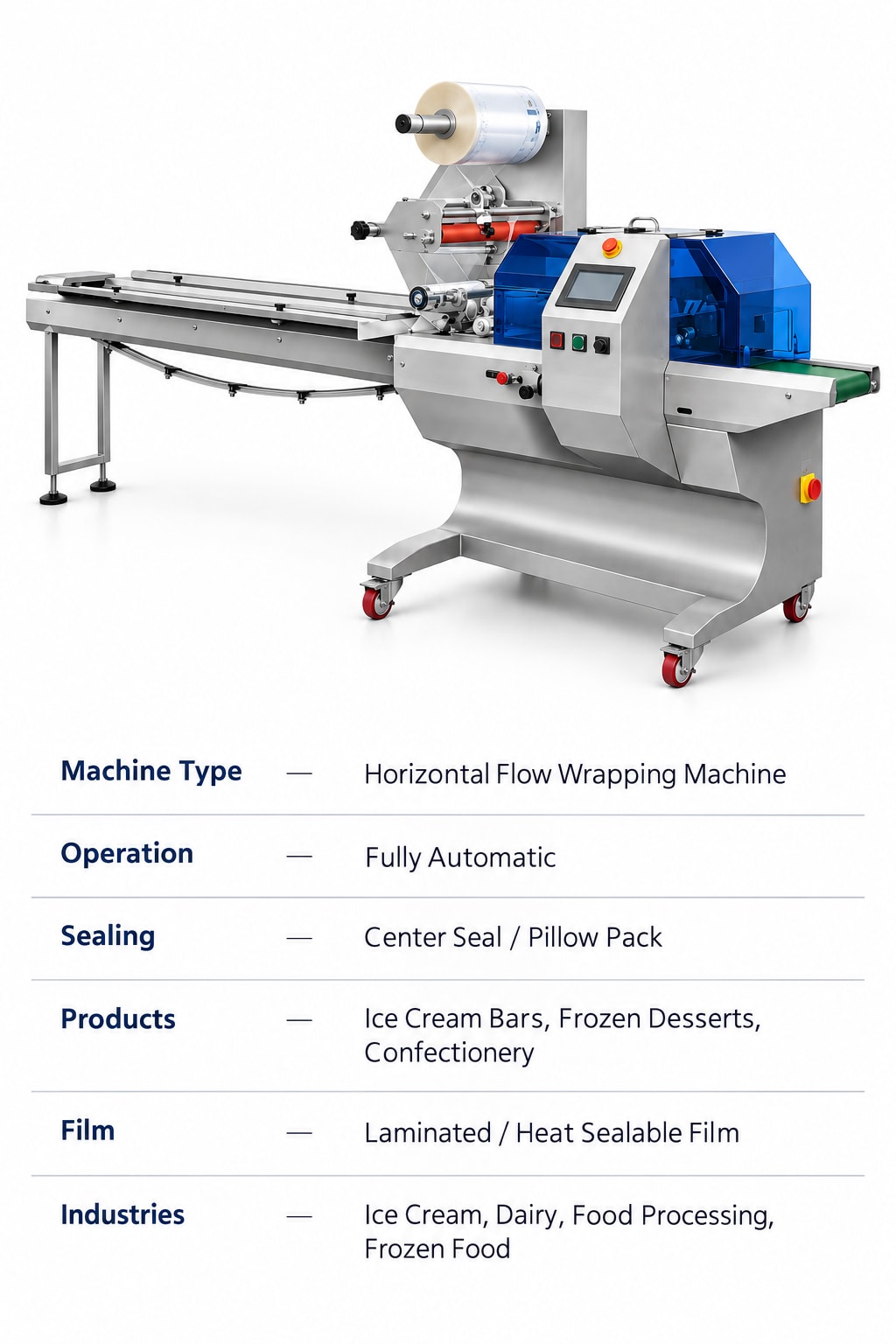 New Vision Machines Ice Cream Flow Wrap Machine — Automatic Wrapping for Ice Cream Bars & Frozen Desserts — packaging equipment technical specifications and build view 6 by New Vision Machines Indore