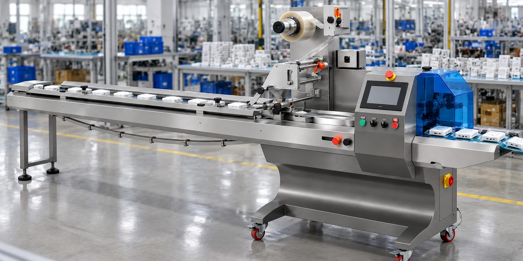 New Vision Machines Switch Packaging Machine — Automatic Flow Wrap Packer for Electrical Switches & Hardware — Delta PLC touch screen & automated control panel layout