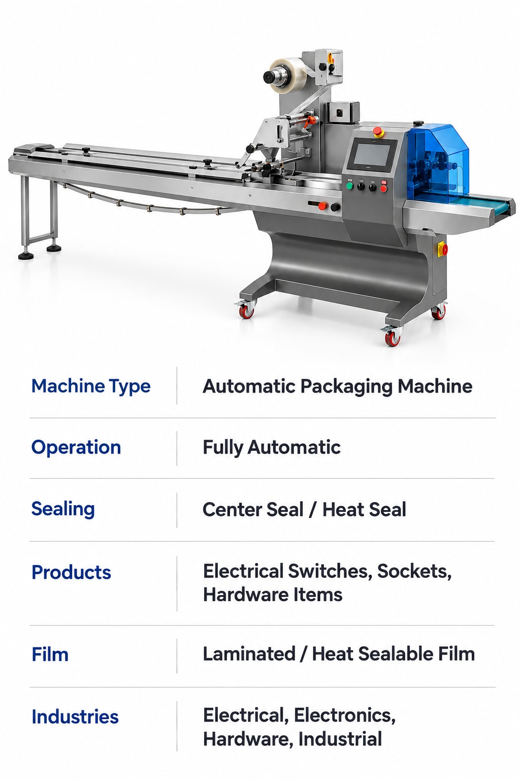 New Vision Machines Switch Packaging Machine — Automatic Flow Wrap Packer for Electrical Switches & Hardware — packaging equipment technical specifications and build view 5 by New Vision Machines Indore