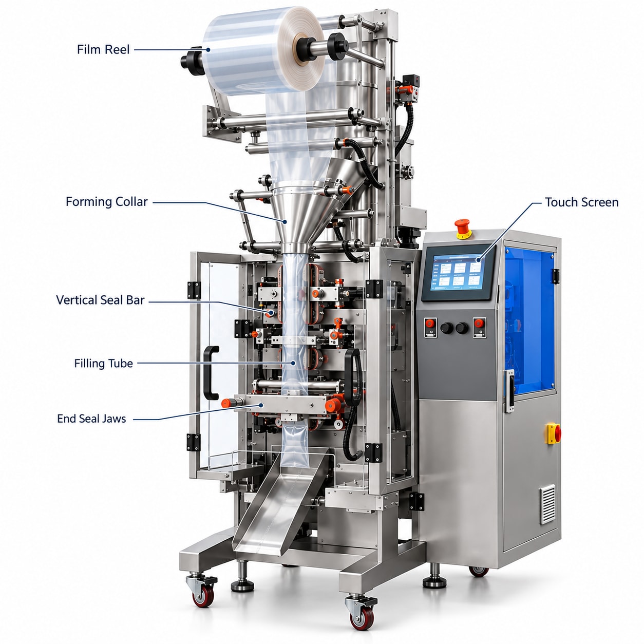 New Vision Machines Vertical Flow Wrap Machine — Automatic Filling & Pouch Packing for Snacks, Spices & Powders — heavy-duty SS 304 food-grade construction & conveyor setup