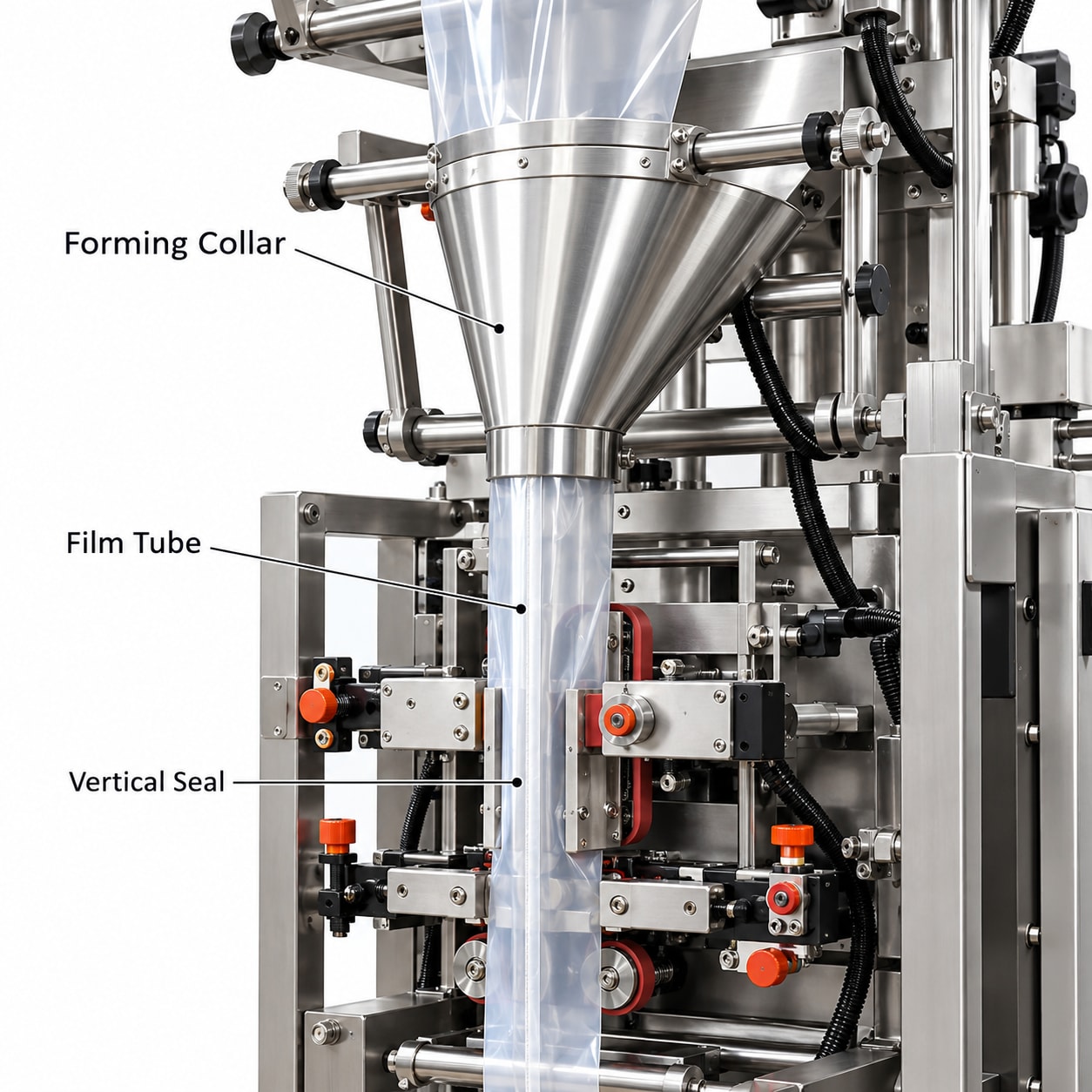 New Vision Machines Vertical Flow Wrap Machine — Automatic Filling & Pouch Packing for Snacks, Spices & Powders — precision nozzles, filling heads & mechanical assembly