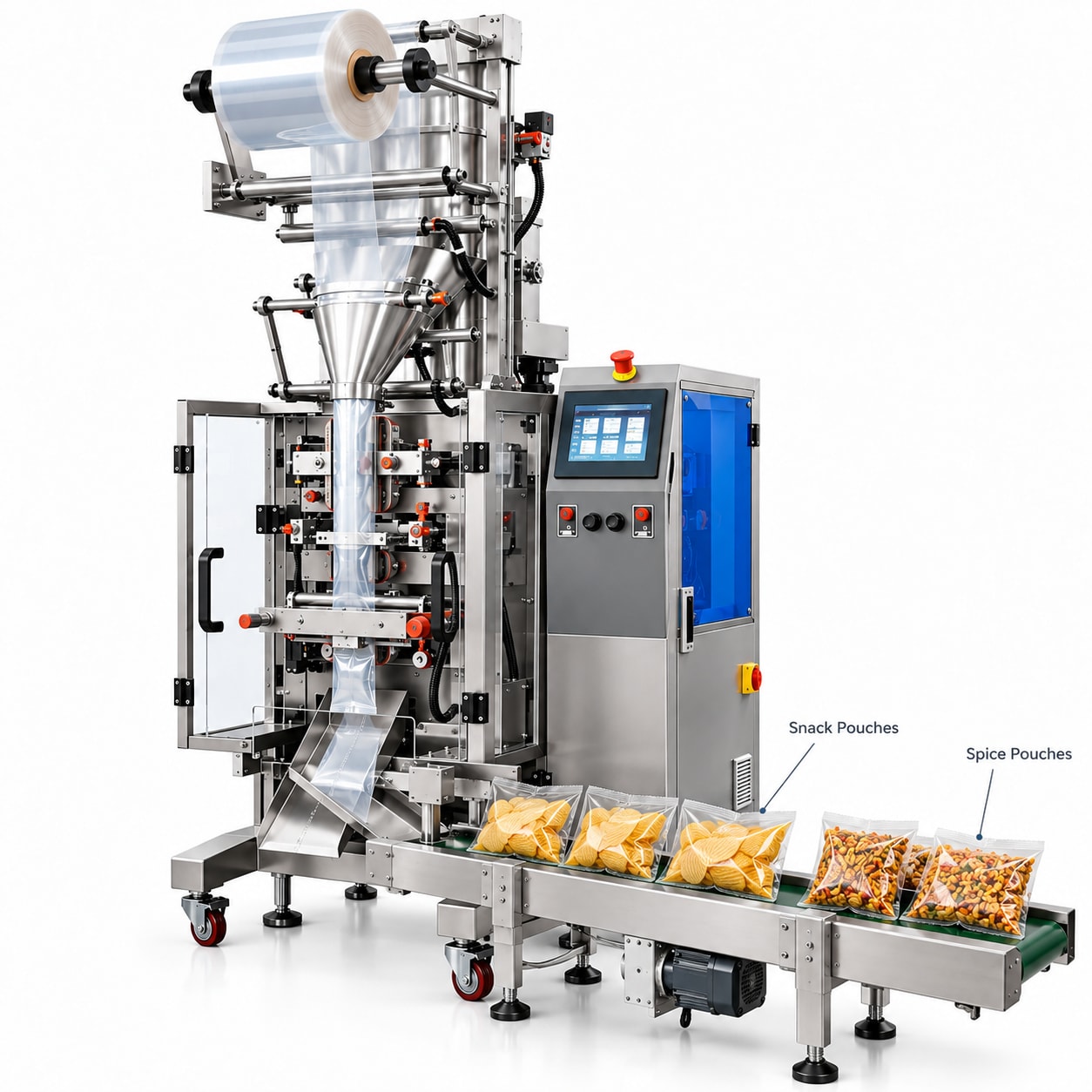 New Vision Machines Vertical Flow Wrap Machine — Automatic Filling & Pouch Packing for Snacks, Spices & Powders — Delta PLC touch screen & automated control panel layout