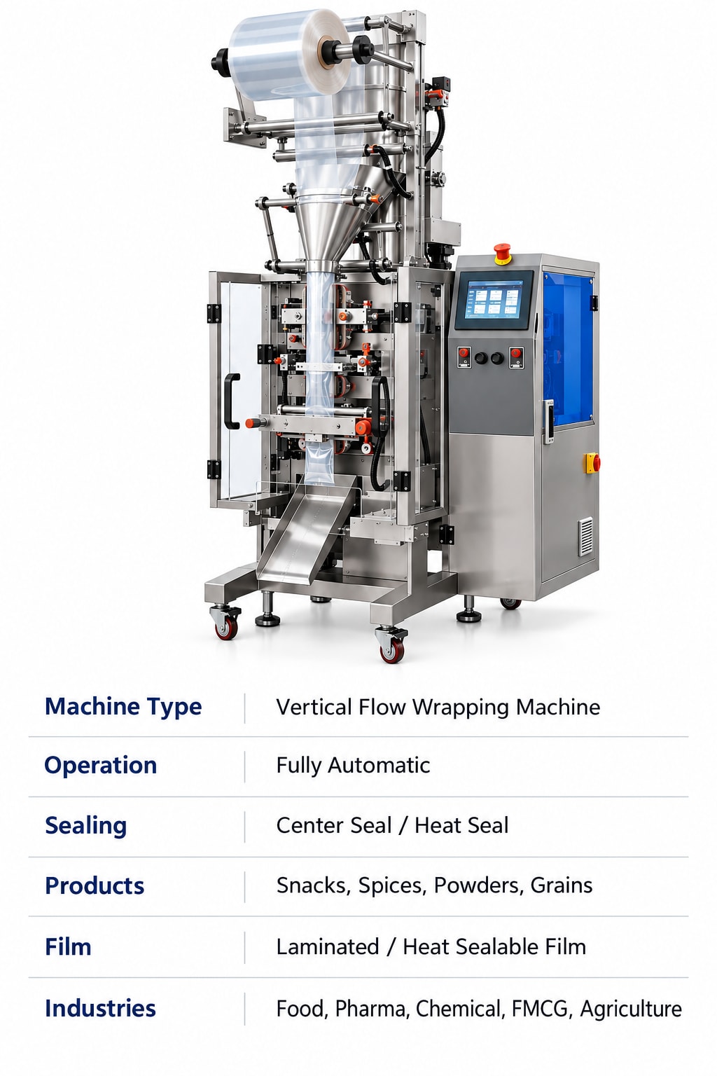 New Vision Machines Vertical Flow Wrap Machine — Automatic Filling & Pouch Packing for Snacks, Spices & Powders — packaging equipment technical specifications and build view 5 by New Vision Machines Indore