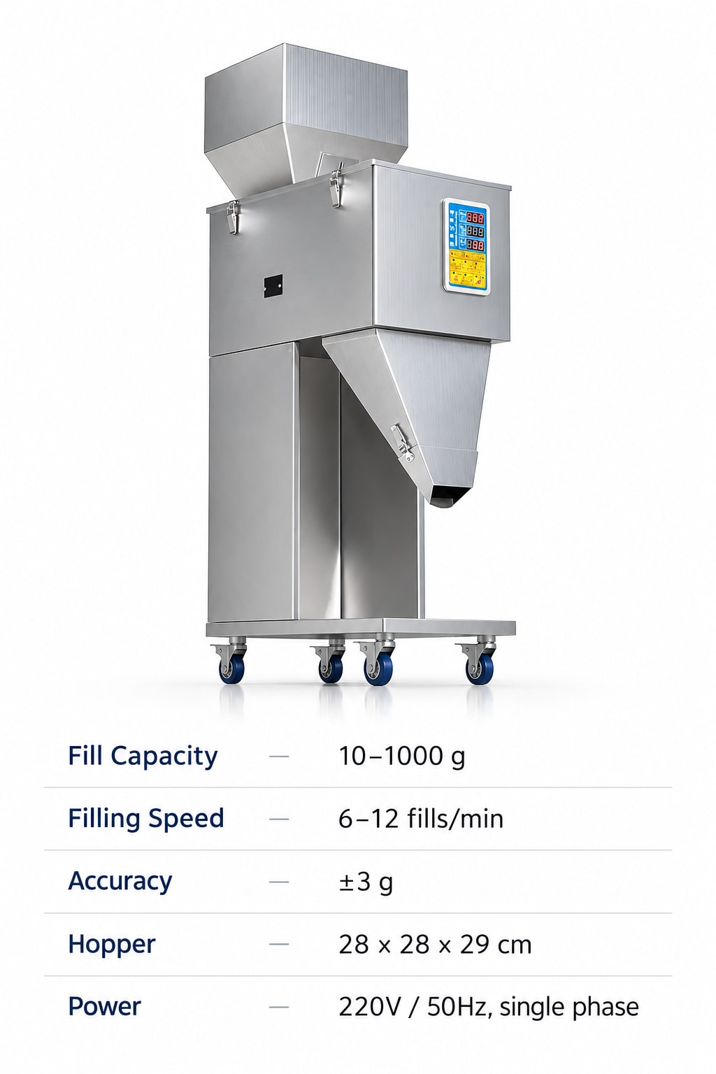 New Vision Machines Semi Auto 1000 Gram Filling Machine for Powder — precision nozzles, filling heads & mechanical assembly