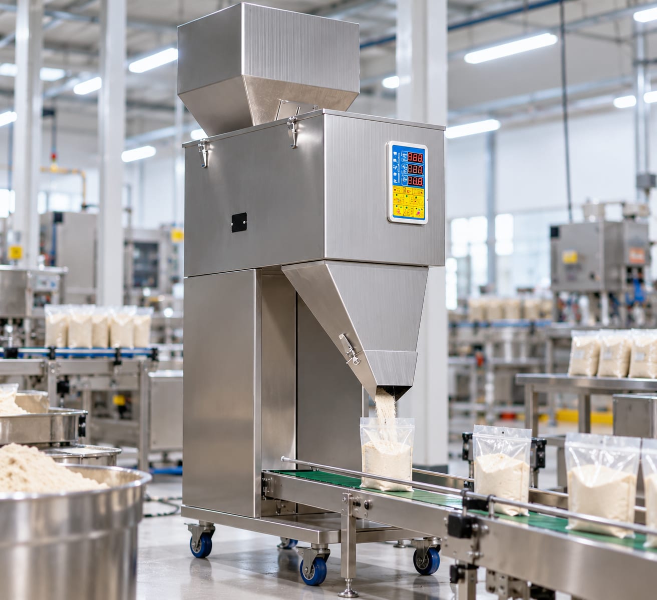 New Vision Machines Semi Auto 1000 Gram Filling Machine for Powder — heavy-duty SS 304 food-grade construction & conveyor setup