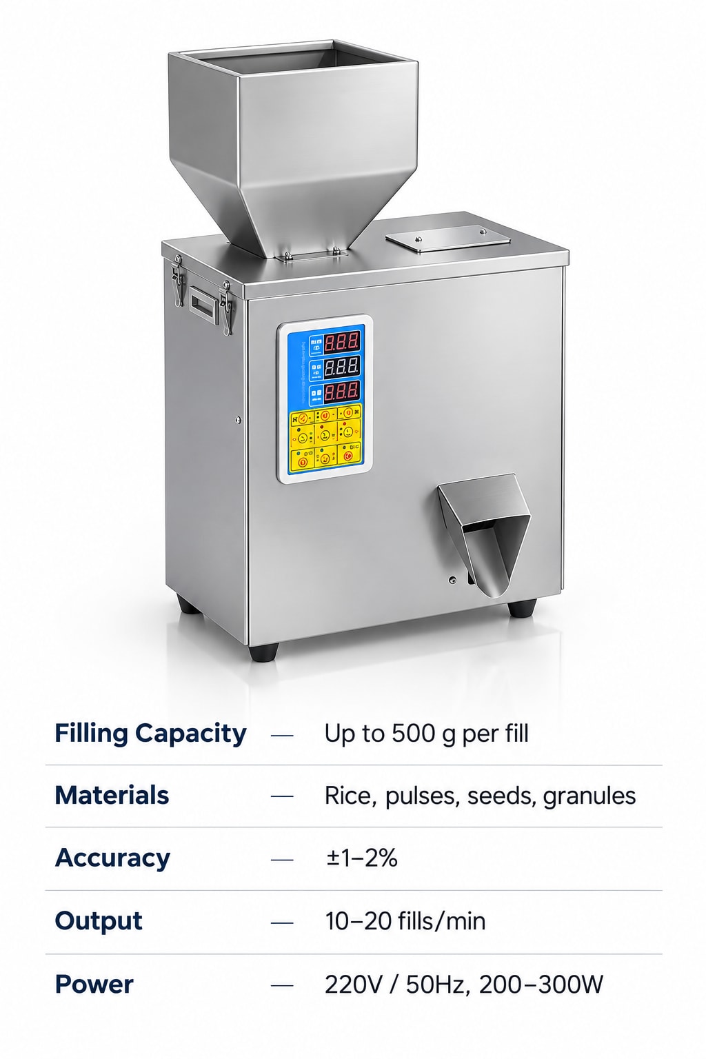 New Vision Machines Semi Automatic 500 Gram Filling Machine for Granule — precision nozzles, filling heads & mechanical assembly