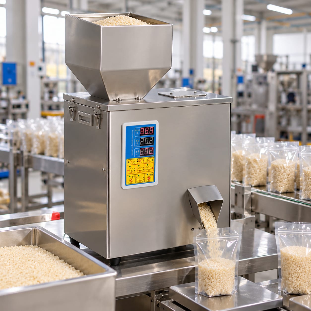 New Vision Machines Semi Automatic 500 Gram Filling Machine for Granule — heavy-duty SS 304 food-grade construction & conveyor setup