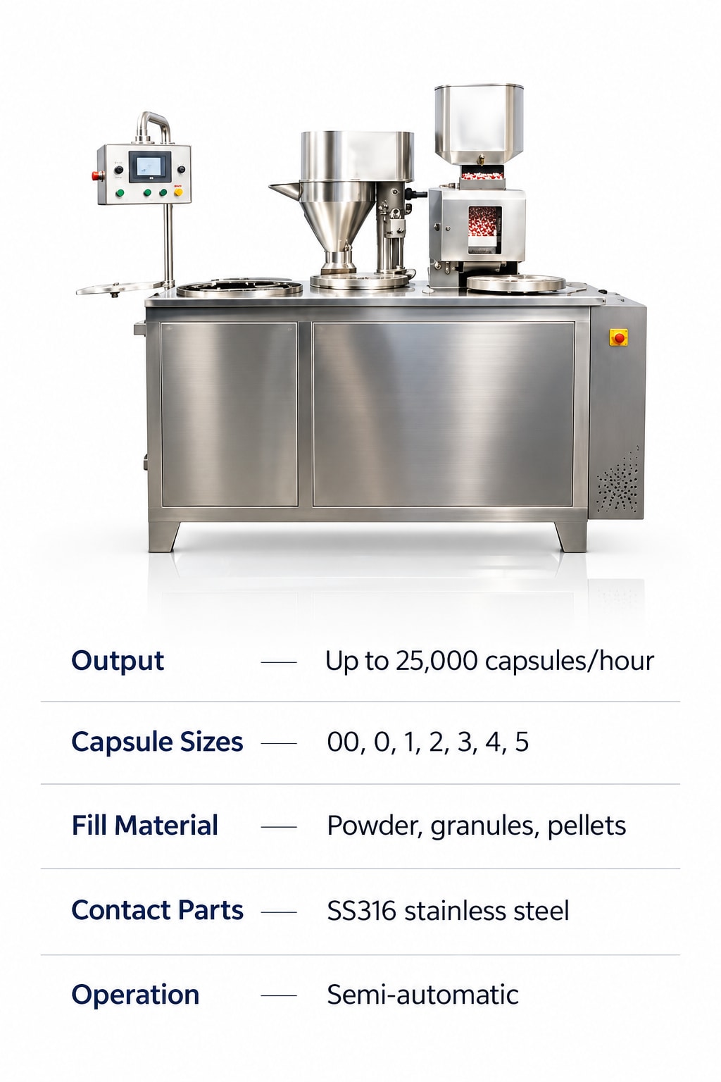 New Vision Machines Semi Automatic Capsule Filling Machine — 25,000 Capsules/Hour, Price in India — precision nozzles, filling heads & mechanical assembly