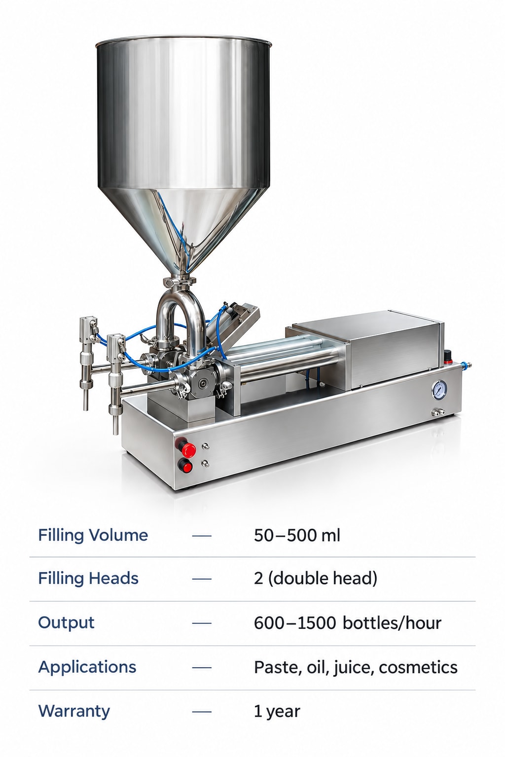 New Vision Machines Semi Automatic Paste Filling Machine 50-500ml (Double Head) — precision nozzles, filling heads & mechanical assembly