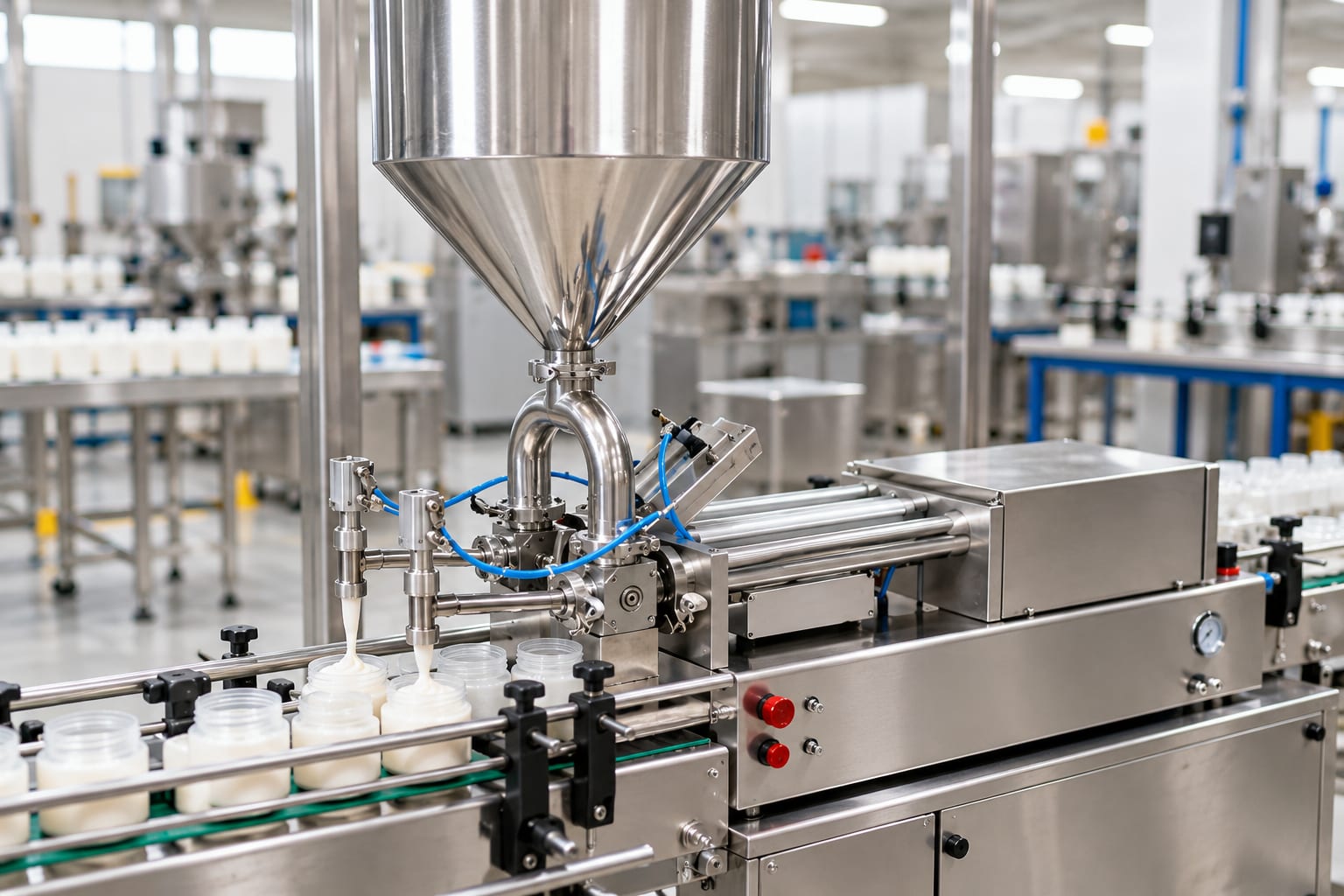 New Vision Machines Semi Automatic Paste Filling Machine 50-500ml (Double Head) — heavy-duty SS 304 food-grade construction & conveyor setup
