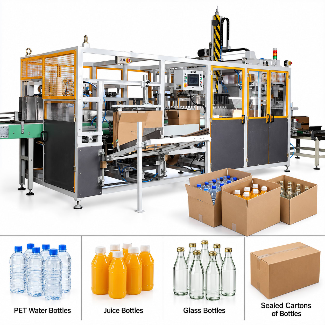 Automatic Case Packer Machine Price in India — Automatic Bottle Case Packer, 16 Cases/Min — Delta PLC touch screen & automated control panel layout