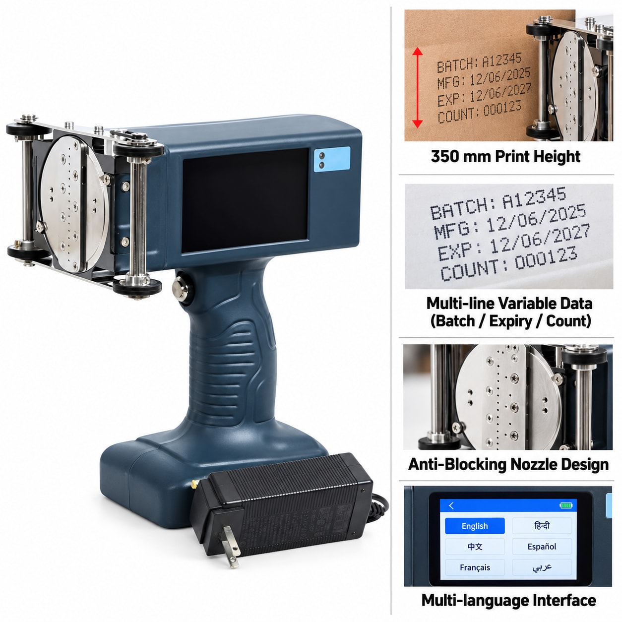 DOD Batch Coding Machine Price in India — 350mm Large-Character Inkjet Printer — heavy-duty SS 304 food-grade construction & conveyor setup