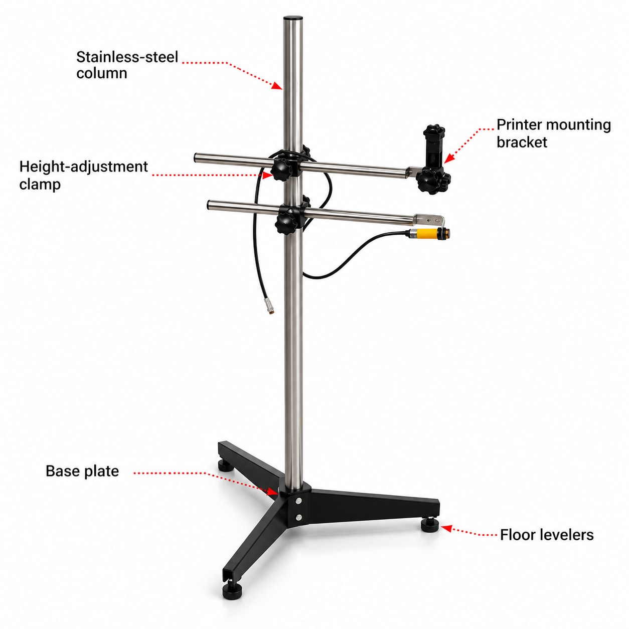 New Vision Machines Stainless Steel Handheld Inkjet Printer Stand — Floor Stand for Online TIJ Batch Coding Lines — precision nozzles, filling heads & mechanical assembly