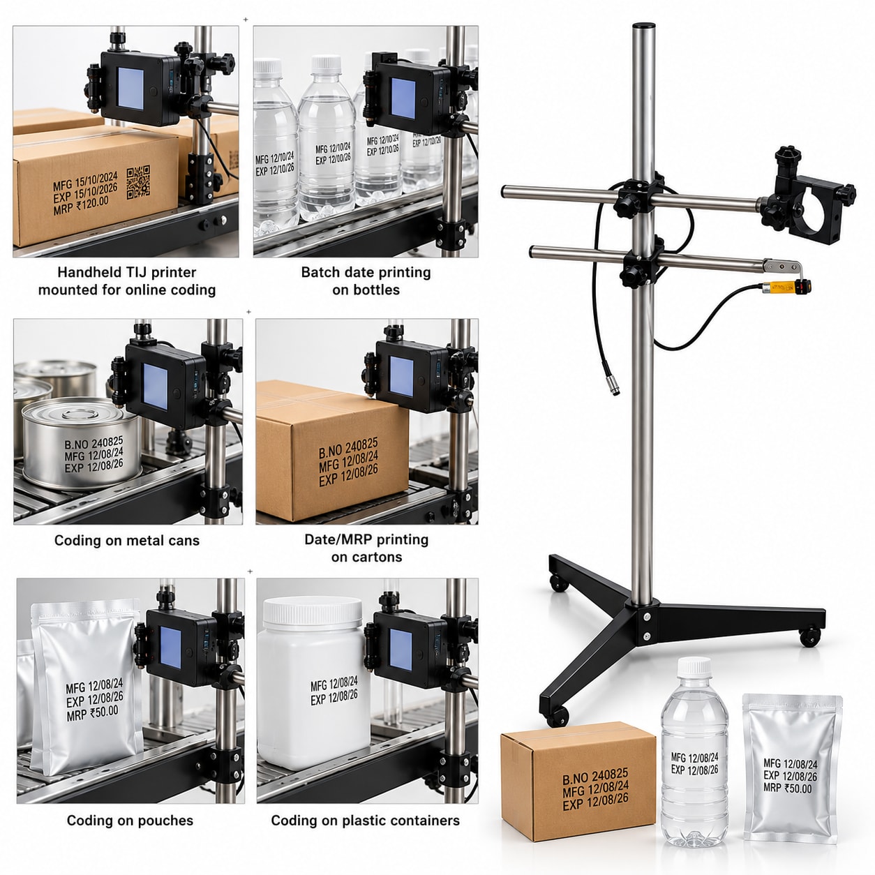 New Vision Machines Stainless Steel Handheld Inkjet Printer Stand — Floor Stand for Online TIJ Batch Coding Lines — Delta PLC touch screen & automated control panel layout