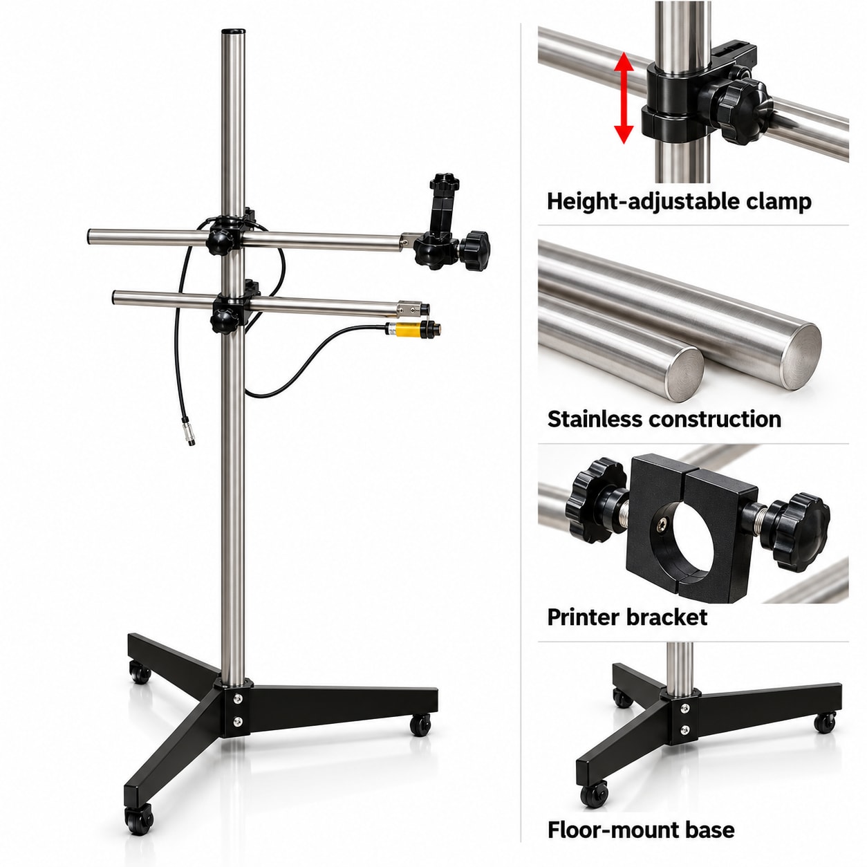 New Vision Machines Stainless Steel Handheld Inkjet Printer Stand — Floor Stand for Online TIJ Batch Coding Lines — heavy-duty SS 304 food-grade construction & conveyor setup