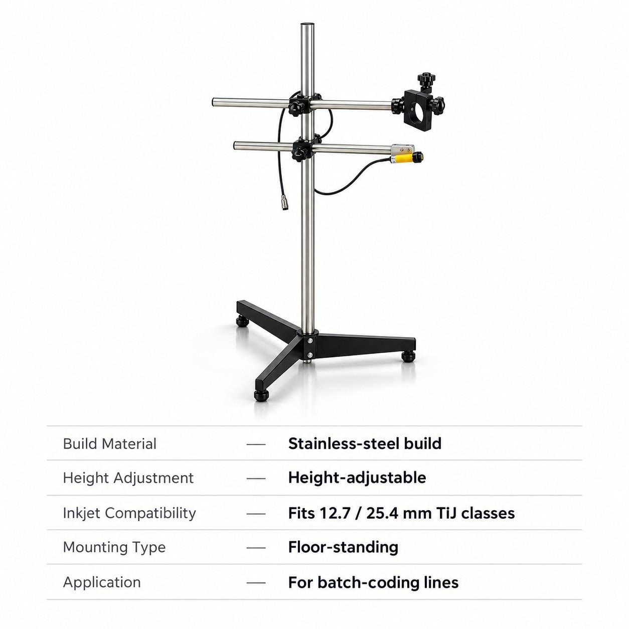 New Vision Machines Stainless Steel Handheld Inkjet Printer Stand — Floor Stand for Online TIJ Batch Coding Lines — packaging equipment technical specifications and build view 5 by New Vision Machines Indore