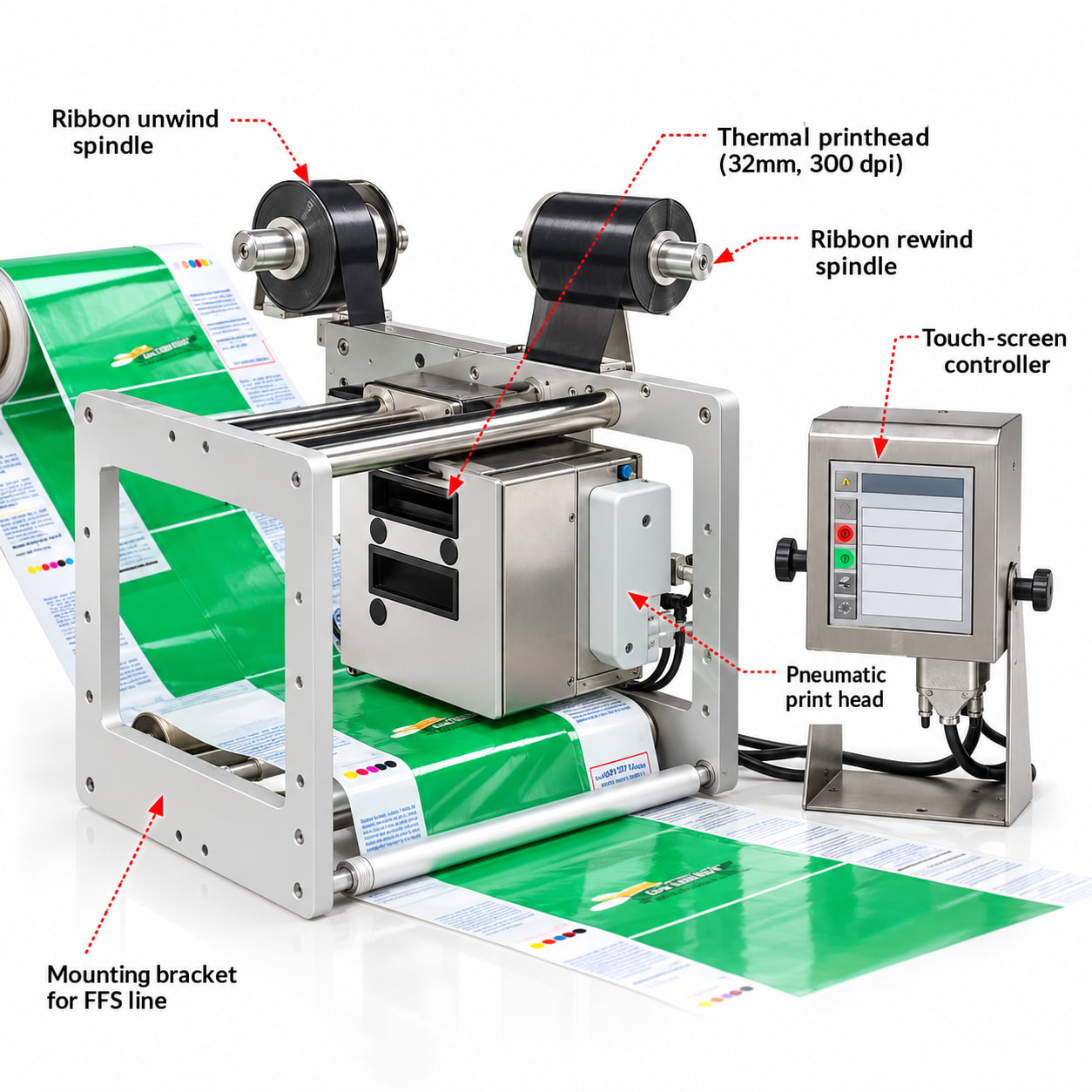 Thermal Transfer Overprinter Price in India | 32mm 300dpi TTO Coder for Flexible Film — ₹1,70,000 — precision nozzles, filling heads & mechanical assembly